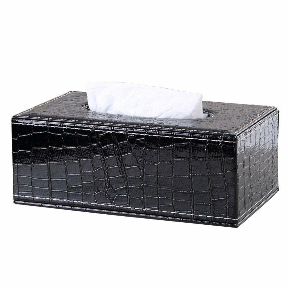 Premium PU Leather Tissue Box Cover - Black Crocodile Pattern for Home, Office & Car Use | Fits Standard 9.5