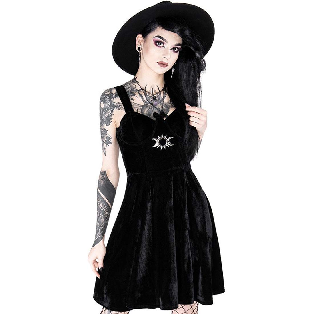 Triple Goddess Black Velvet Dress for Women - Elegant Gothic Formal Evening Gown for Parties, Weddings & Special Occasions
