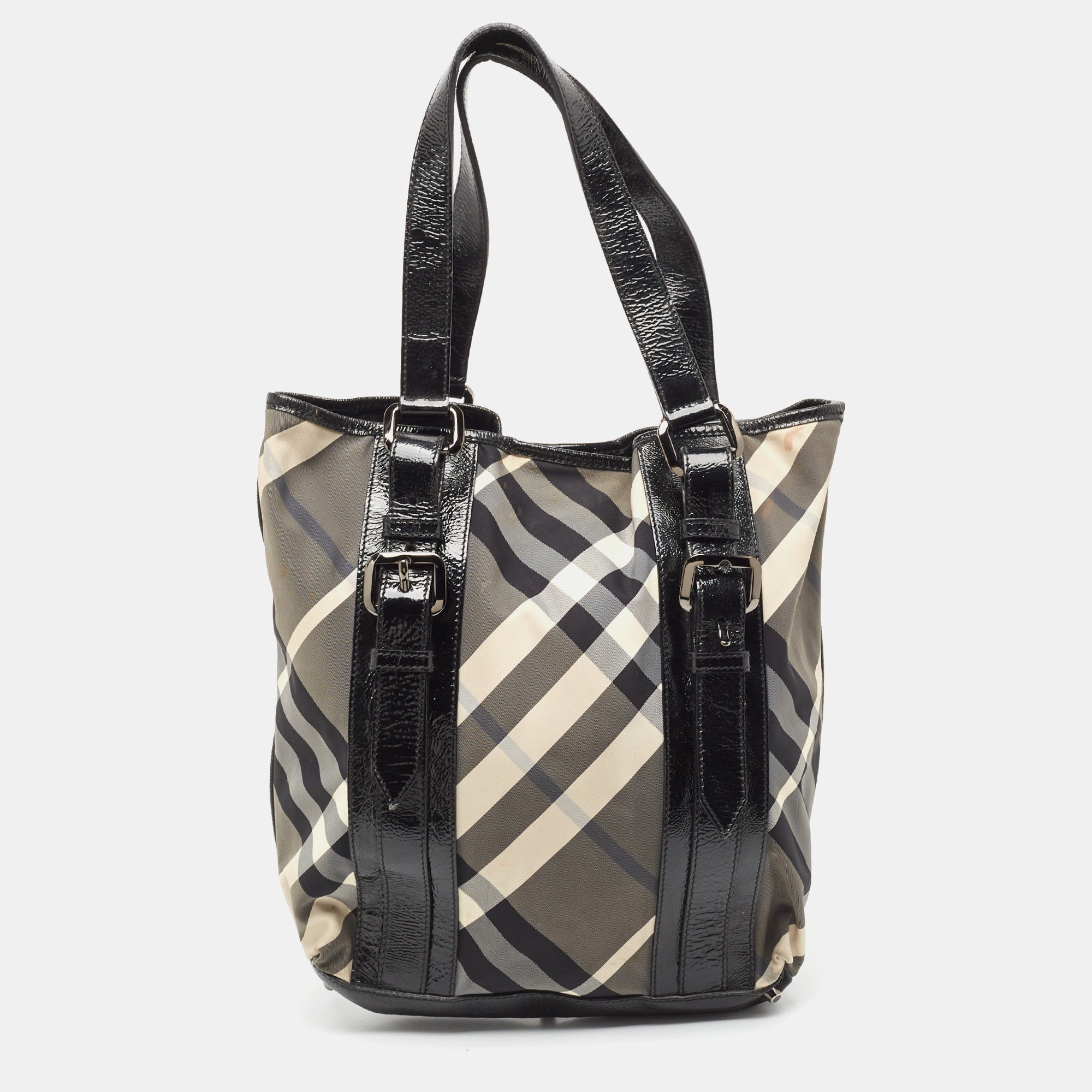 Black Vegan Leather Tote Bag for Women - Stylish Checkered Nylon & Patent Leather Victoria Shoulder Bag - Perfect for Work, Travel, and Everyday Use