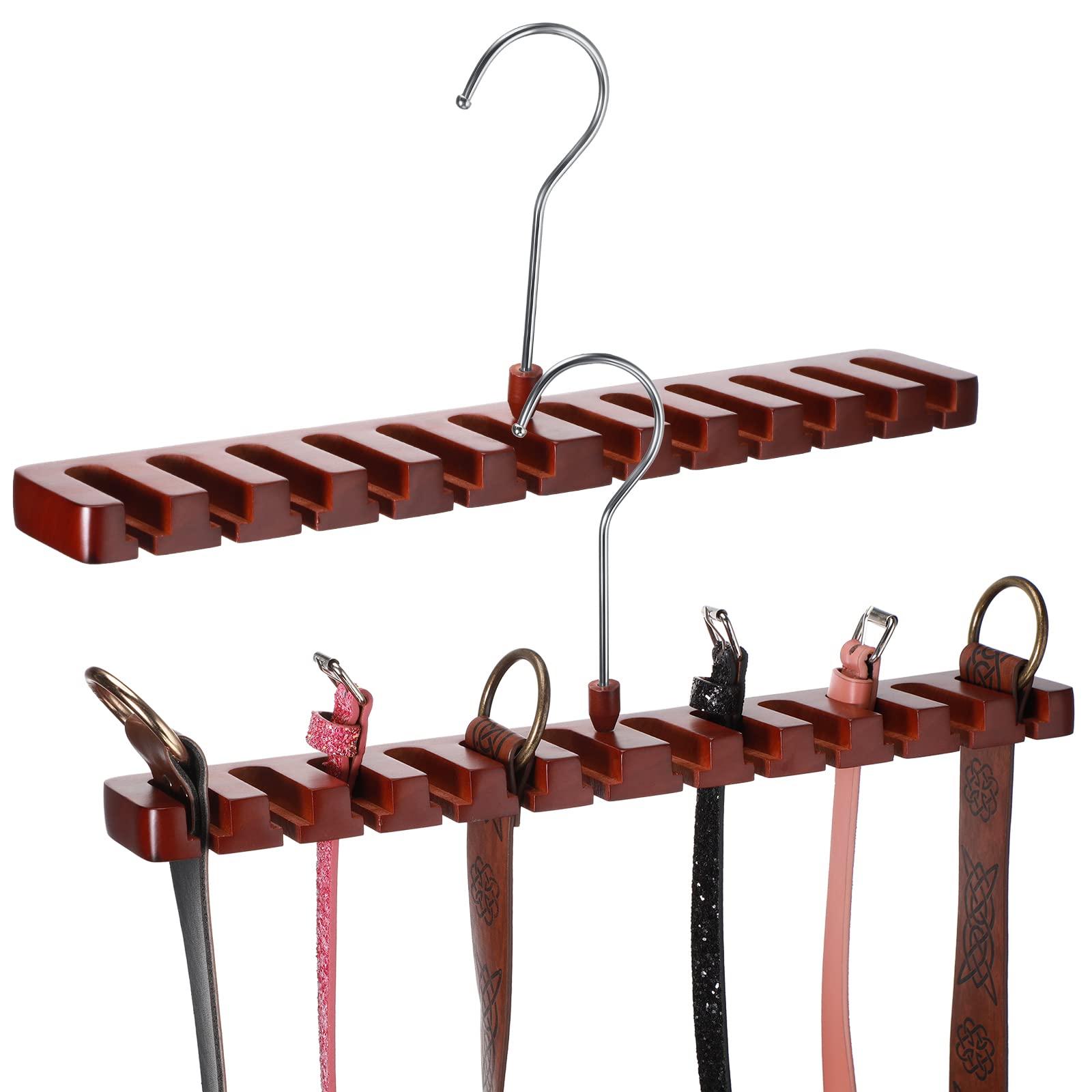 Jetec 2-Pack Wooden Belt Organizer Hanger - 12 Slot Wall Mount Belt Rack with Pre-Punched Holes & Acrylic Adhesives - Space Saving Closet Storage for Men & Women (Brown) - Perfect for Bedroom, Walk-in Closet or Dorm Organization