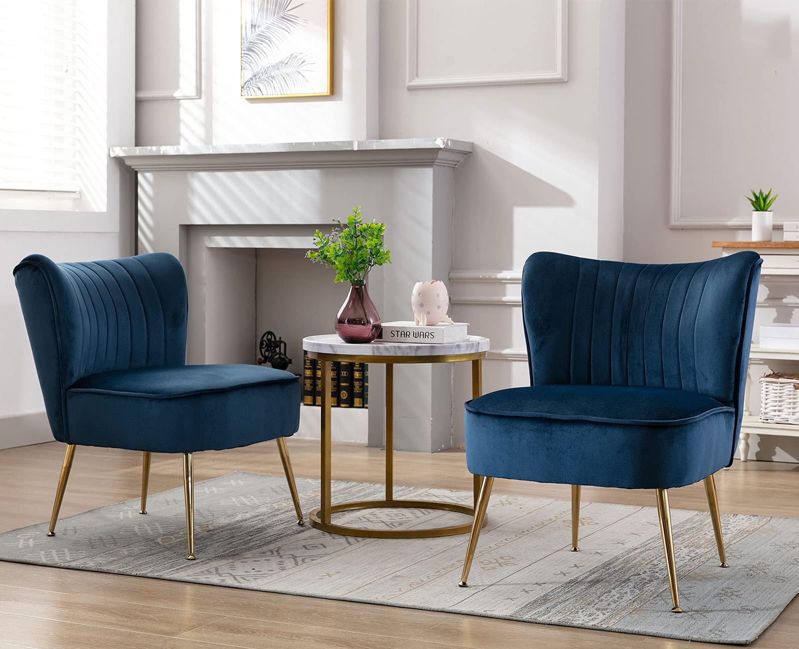 Velvet Accent Chairs Set of 2 - Mid-Century Modern Upholstered Side Chairs with Golden Legs - Blue Slipper Chairs for Living Room, Guest Room & Corner Seating - Comfy Armless Wingback Sofa Chairs for Relaxing & Home Decor