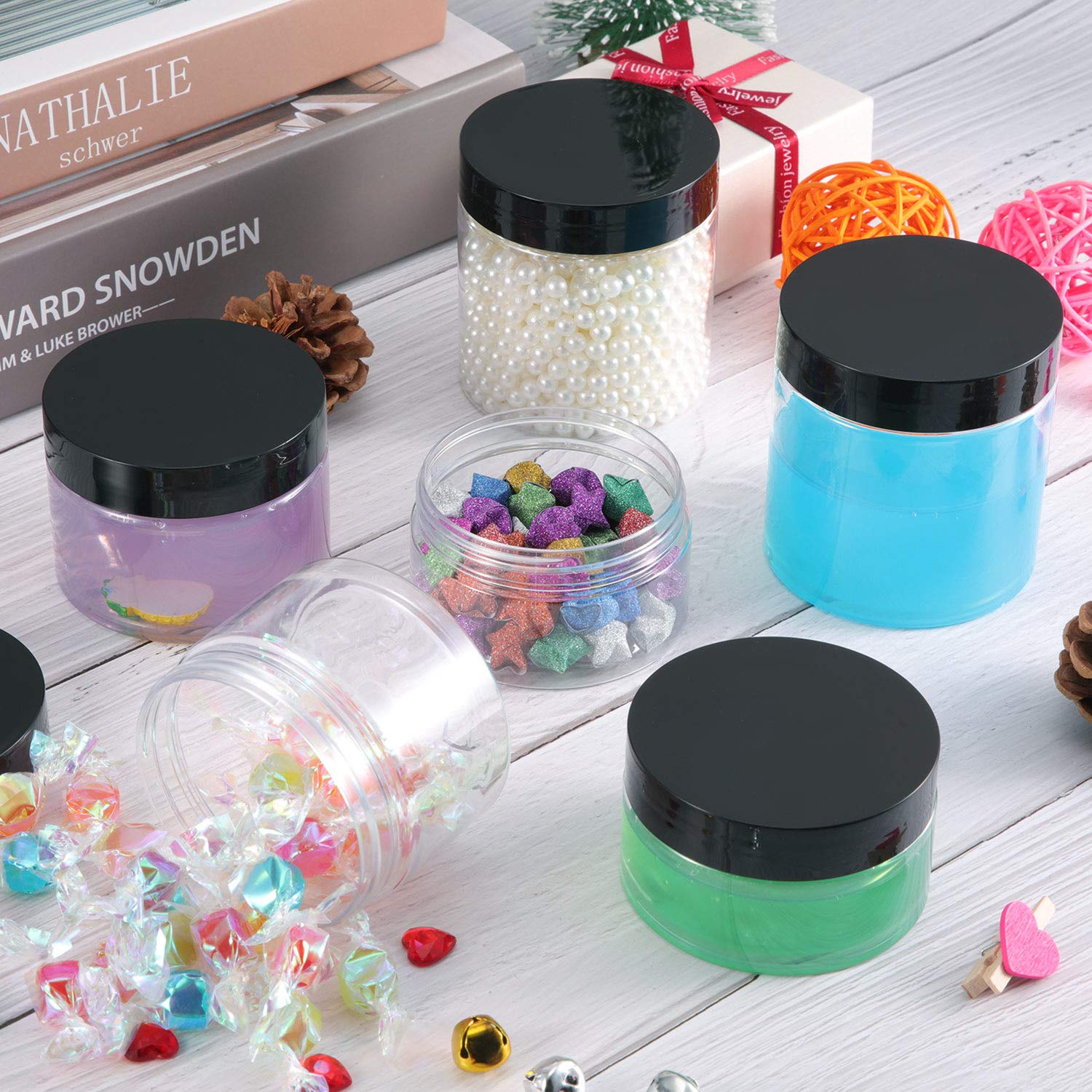 SATINIOR 24-Piece Clear Plastic Jars with Black Lids - 4 oz Round Wide-Mouth Storage Containers for Cosmetics, Creams, Lotions, DIY Crafts & Food Storage | Perfect for Home Organization, Travel & Beauty Products