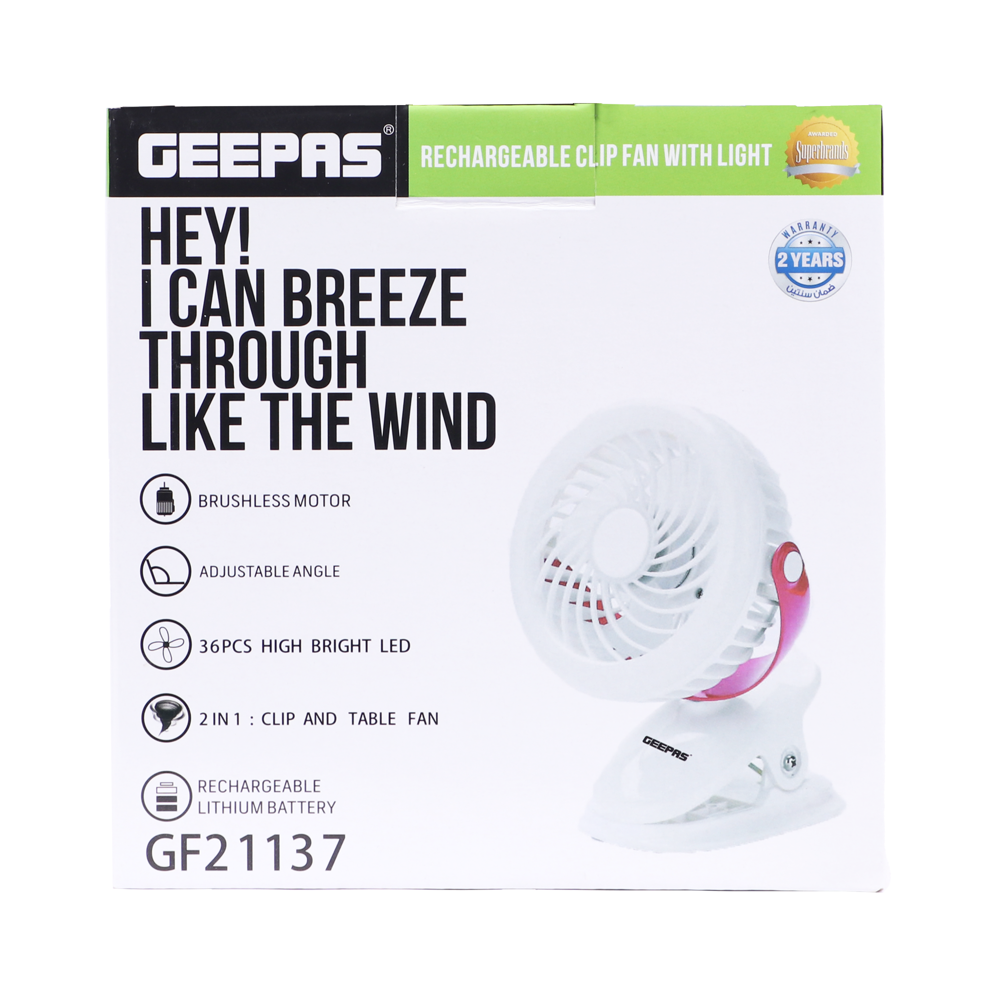 Geepas GF21137 Rechargeable Clip Fan with LED Light - Portable Cooling Fan for Home, Office, Camping & Outdoor Use