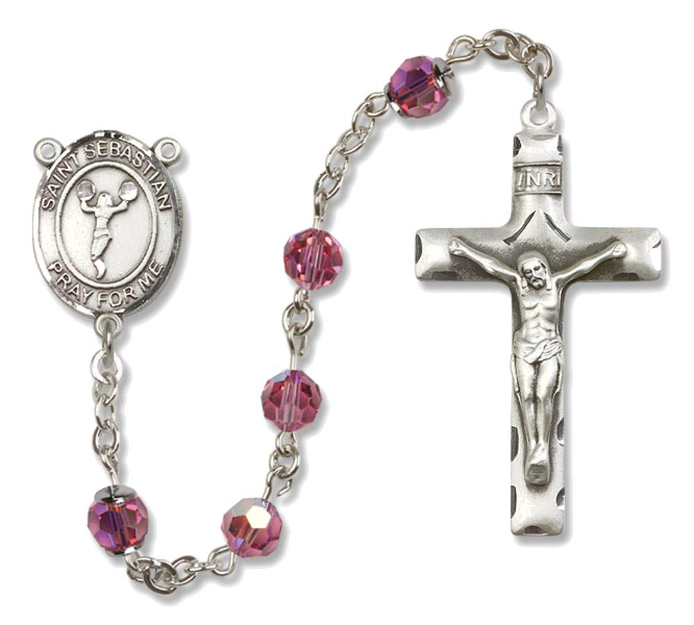 Bonyak Jewelry St. Sebastian Cheerleader Sterling Silver Rosary Necklace with October Birthstone Rose Beads - Perfect for Catholic Gifts, Cheerleading Team Spirit & October Birthday Presents