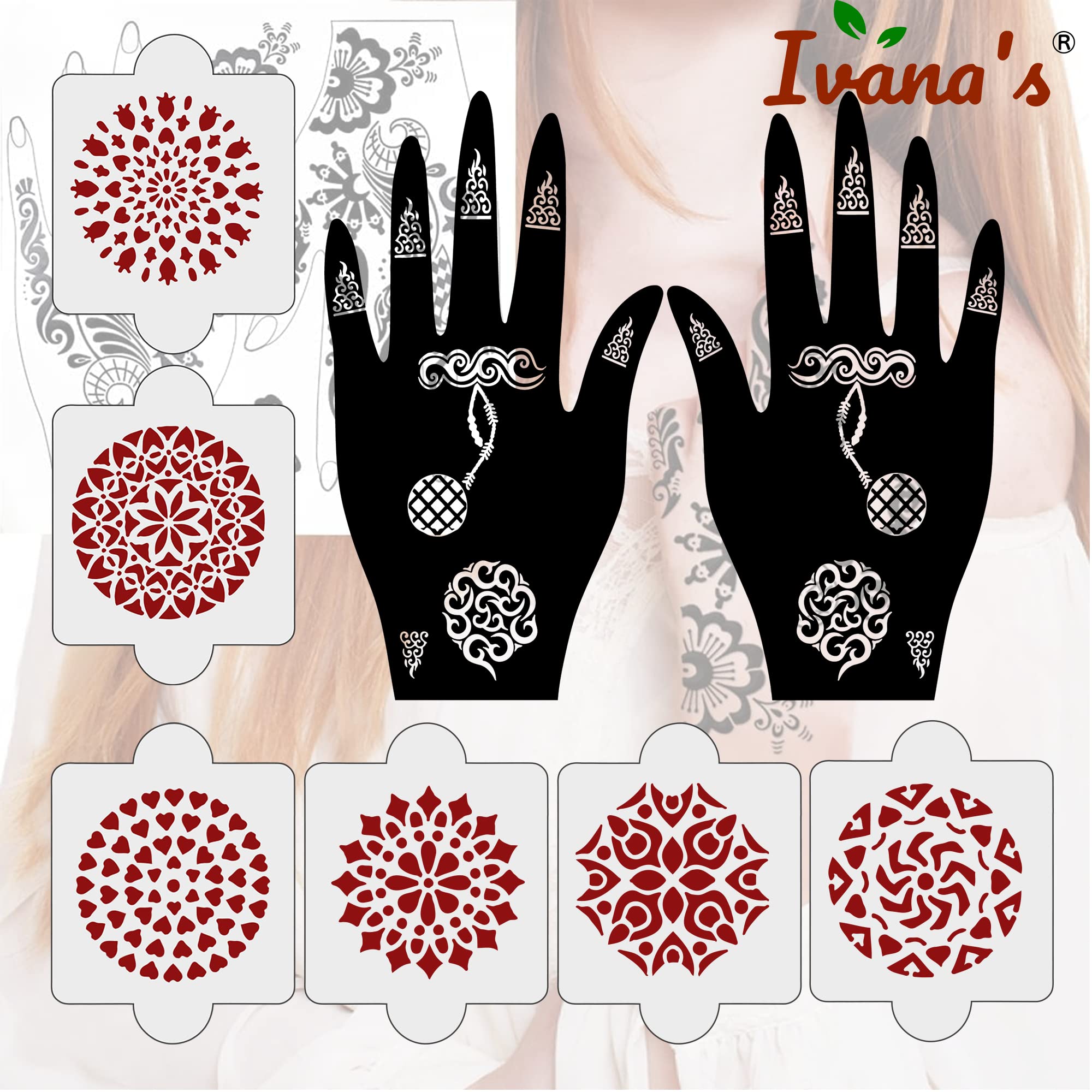 8 Pcs Henna Tattoo Stencil Kit - 2 Henna Stencil Tattoos + 6 Reusable PVC Laser Cut Stencils for Women, Girls & Kids | Easy Application Mehandi Stickers for Full Hand Designs | Perfect for Weddings, Festivals & DIY Body Art