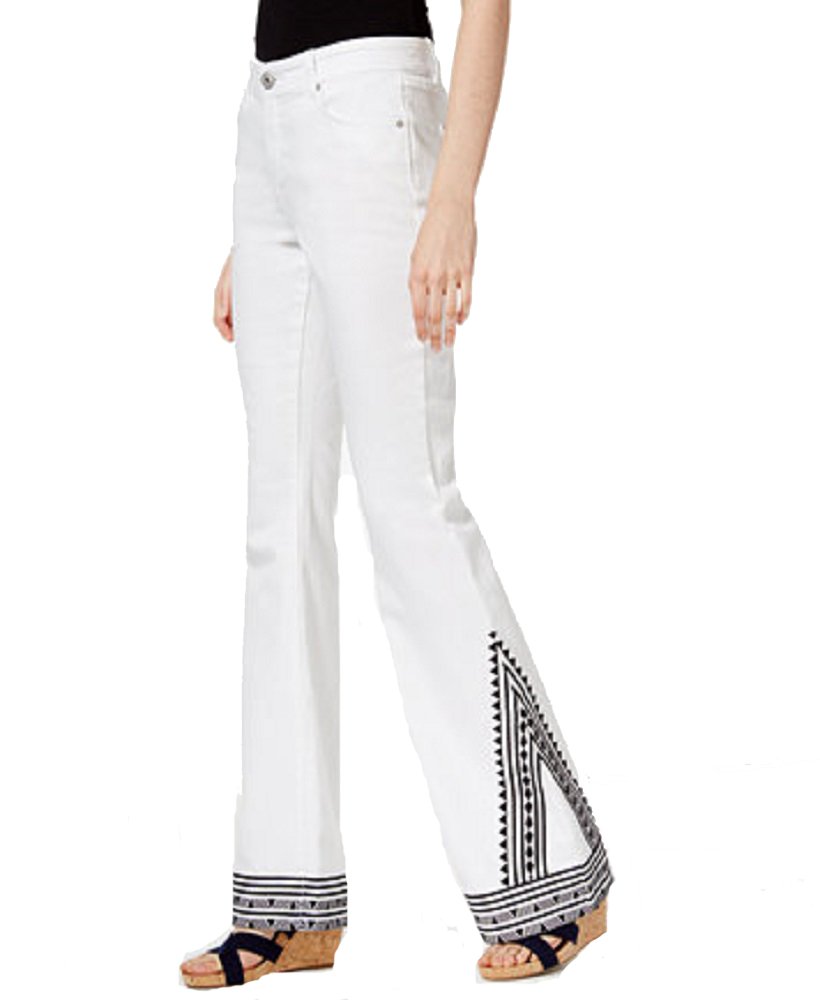 INC International Concepts Women's Embroidered White Wash Flared Jeans - High Waisted Distressed Denim Pants for Casual Outfits & Boho Style