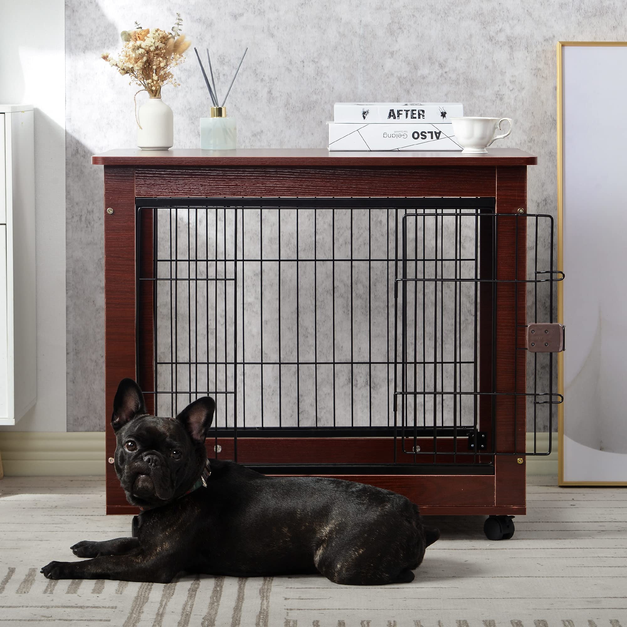ZSQ Wooden Dog Kennel Furniture - Stylish End Table Dog Crate with Wheels, 31