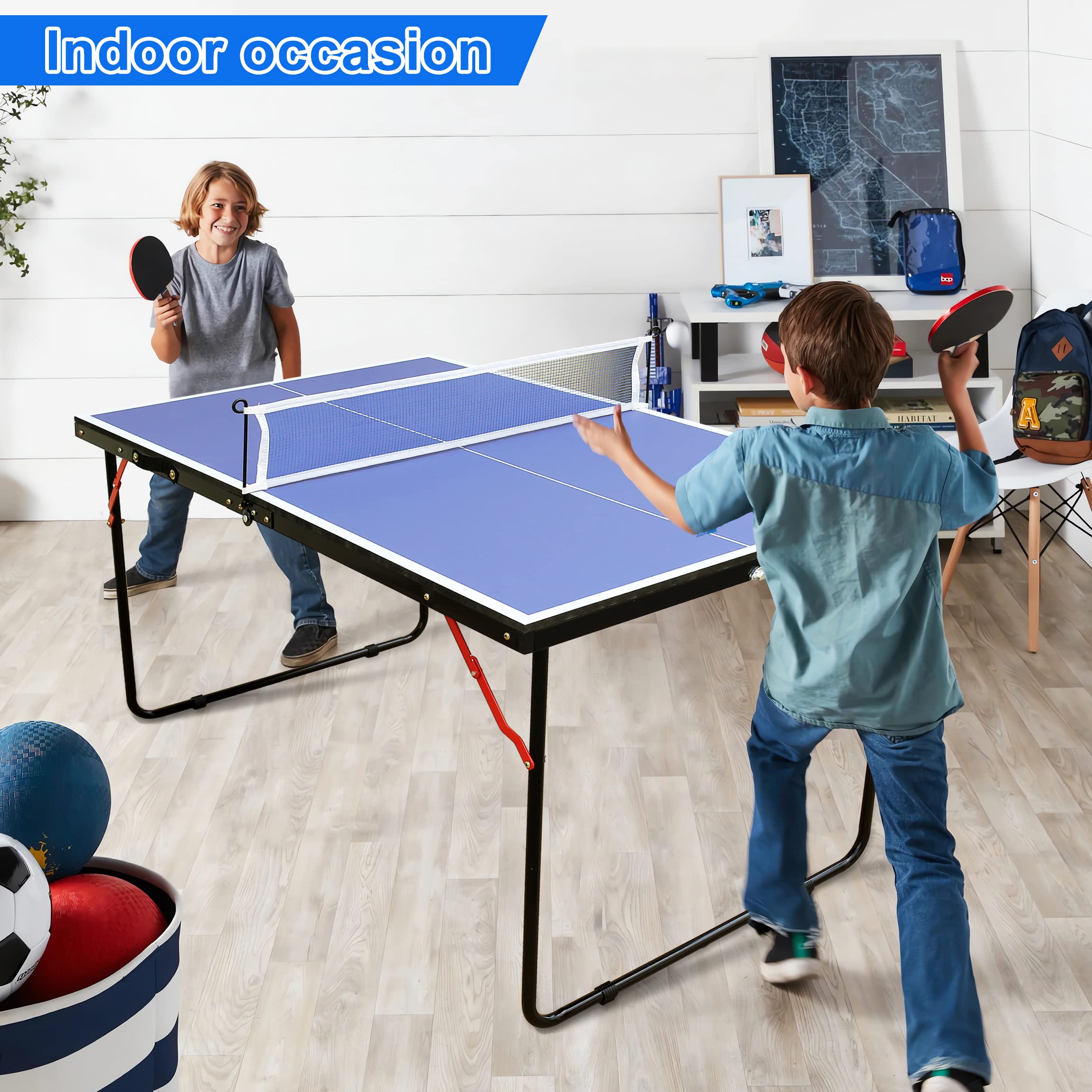 Foldable Midsize Ping Pong Table Set with Net & 2 Paddles - Indoor/Outdoor Waterproof Table Tennis Game for Backyard, Basement & Recreation Rooms