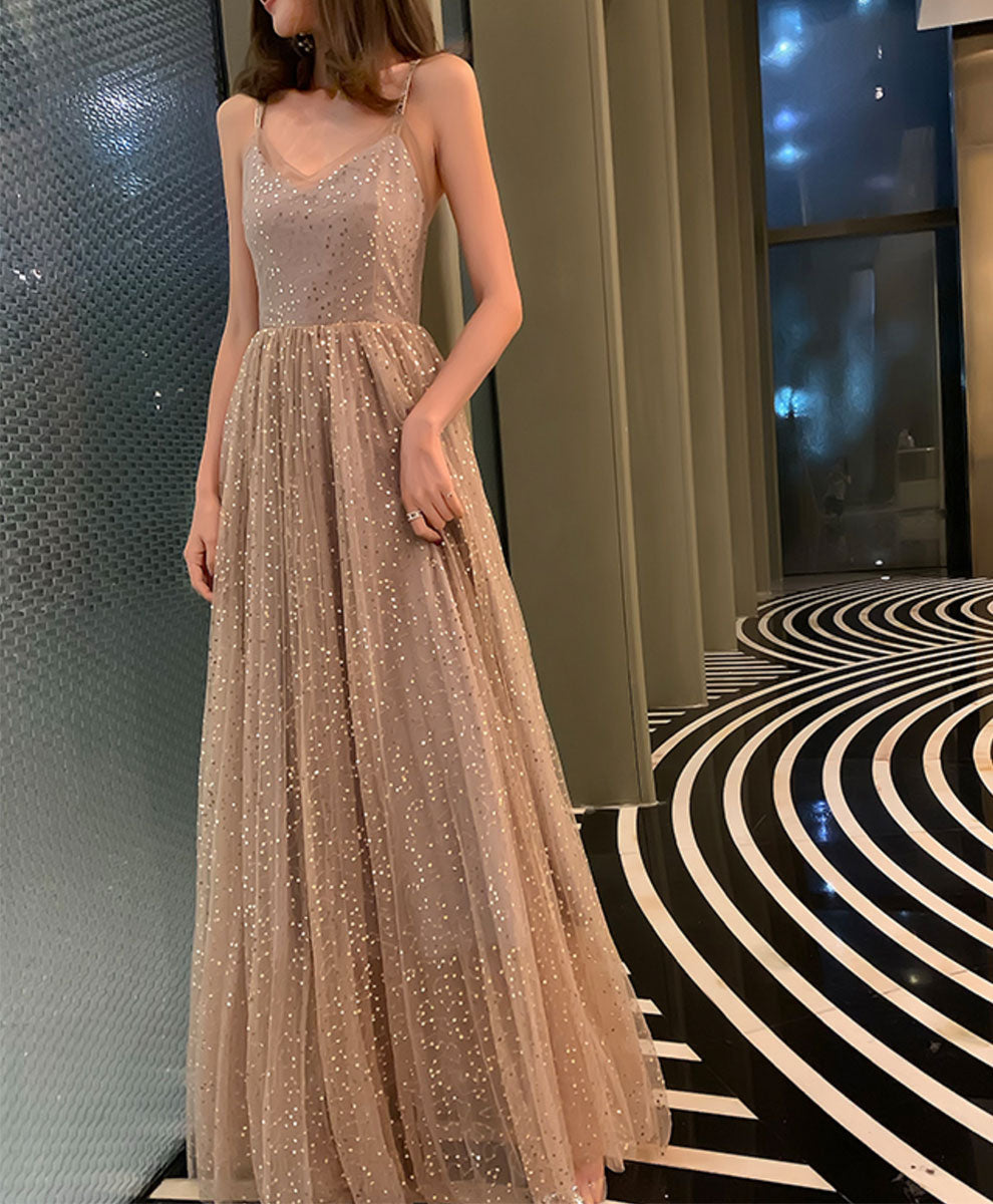 Elegant Champagne V-Neck Tulle Sequin Long Prom Dress for Women - Perfect for Formal Events, Homecoming, Evening Gala & Special Occasions