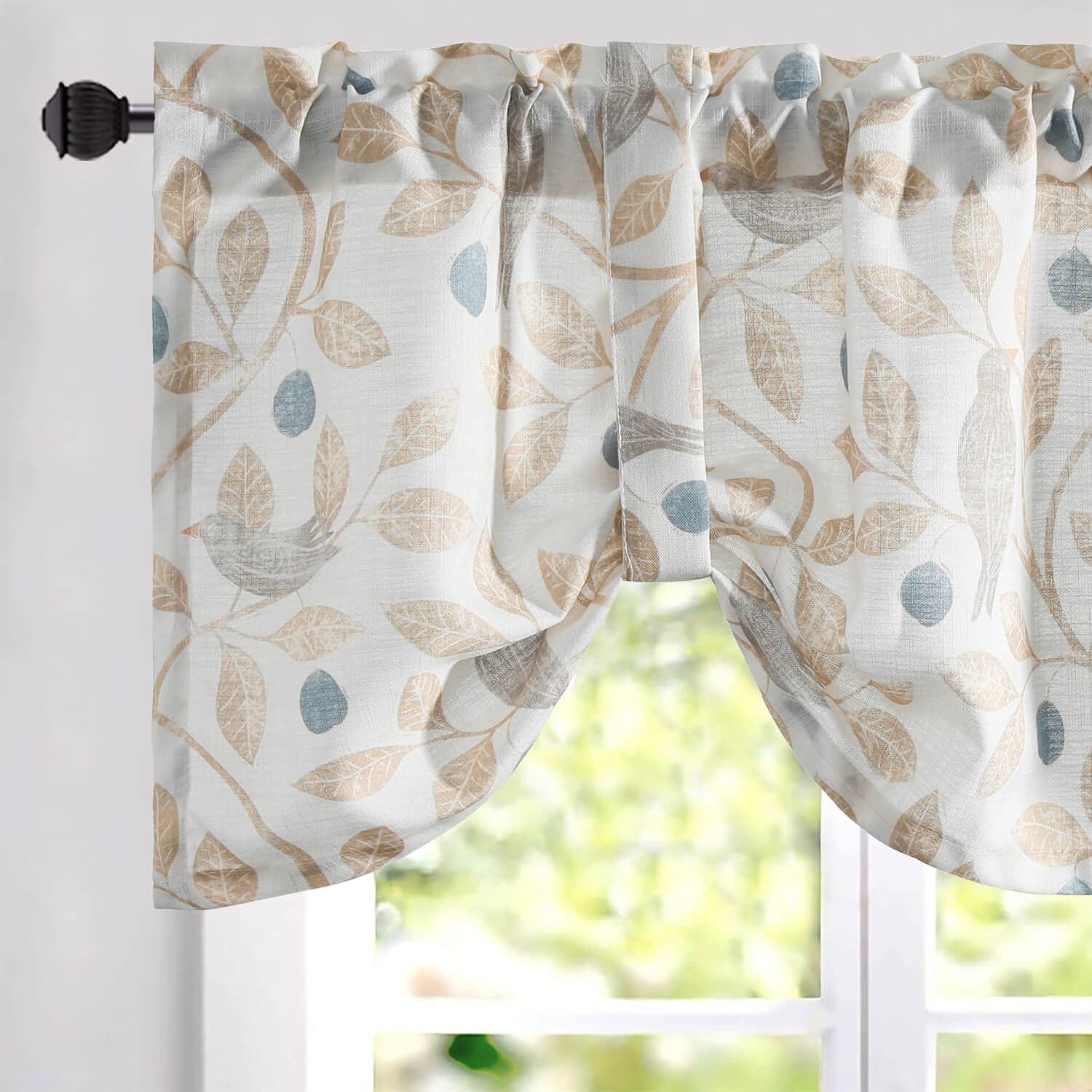 VOGOL 18-Inch Tie-Up Valance Curtain - Birds & Leaf Print Farmhouse Window Drape with Top Pocket, Single Panel (52x18 Inches) - Perfect for Kitchen, Small Cafe & Country Home Decor