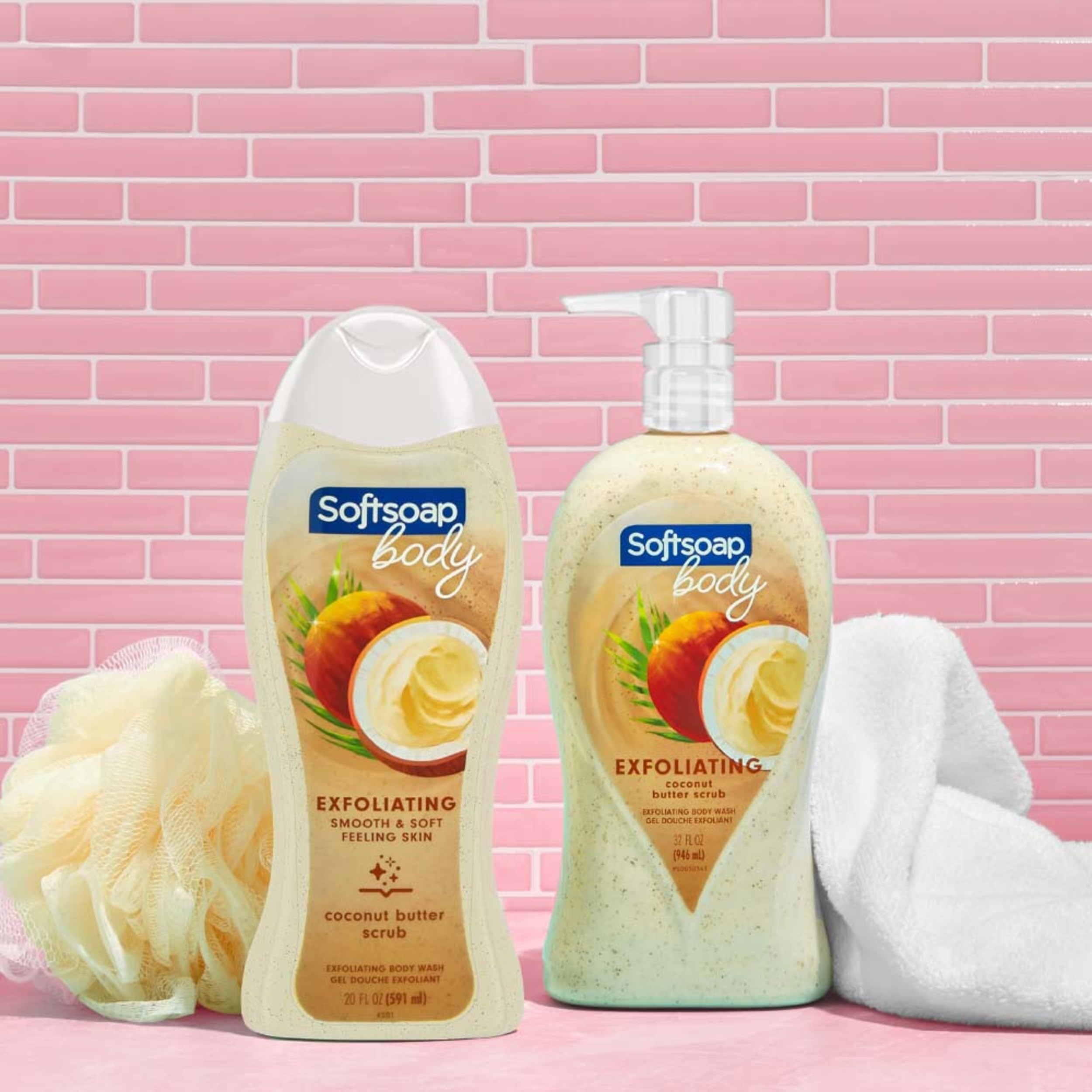 Softsoap Coconut Butter Scrub Exfoliating Body Wash - 20 Ounce (4 Pack) - Moisturizing & Gentle Skin Cleanser for Dry Skin - Perfect for Shower, Bath & Spa Day