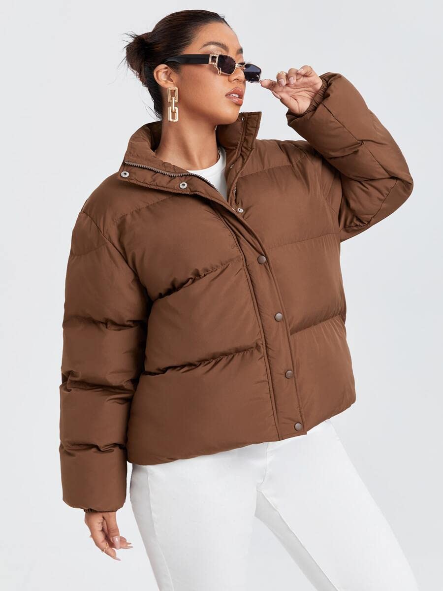 TINMIIR Women's Winter Warm Down Puffer Coat with Button & Zipper - Brown 3XL | Cozy Outerwear for Cold Weather, Snow Activities & Daily Commute