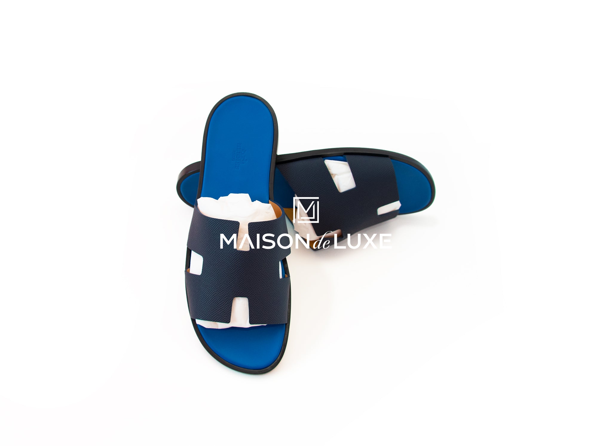 Hermes Men's Marine Mediterranee Noir Izmir Sandals Size 45 - Premium Leather Summer Slides for Beach, Pool & Casual Wear