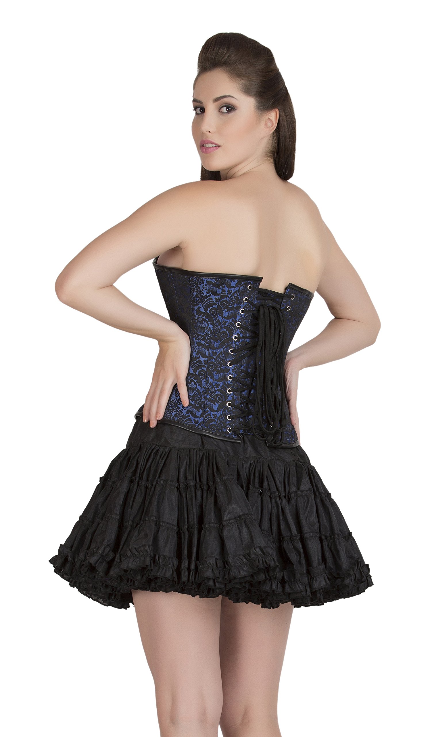 Gothic Black and Blue Brocade Overbust Corset Dress with Cotton Silk Tutu Skirt - Victorian Steampunk Burlesque Costume for Halloween, Cosplay, and Themed Parties