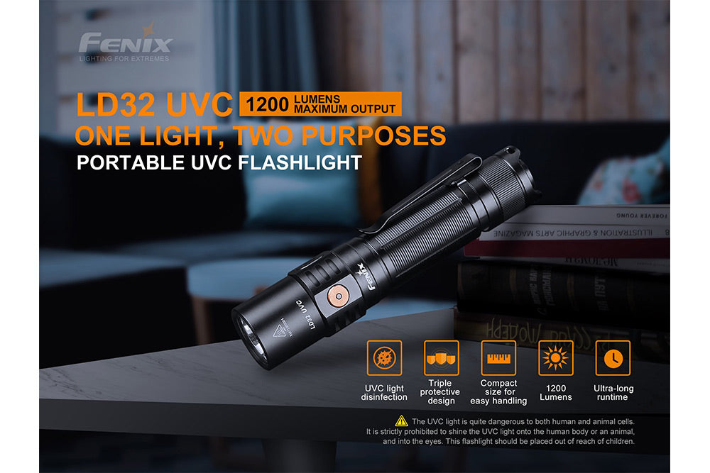 Fenix LD32 UVC Disinfection Flashlight - Portable UV Sanitizer for Home, Travel & Outdoor Use - Kills 99.9% Germs & Bacteria