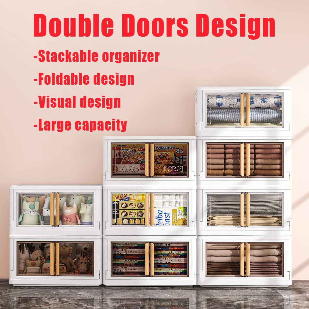 78 Quart Plastic Storage Bins with Lids - 3 Pack Collapsible Wheeled Organizer Bins for Clothes, Home & Garage - Stackable Double Door Design for Space Saving Storage Solutions