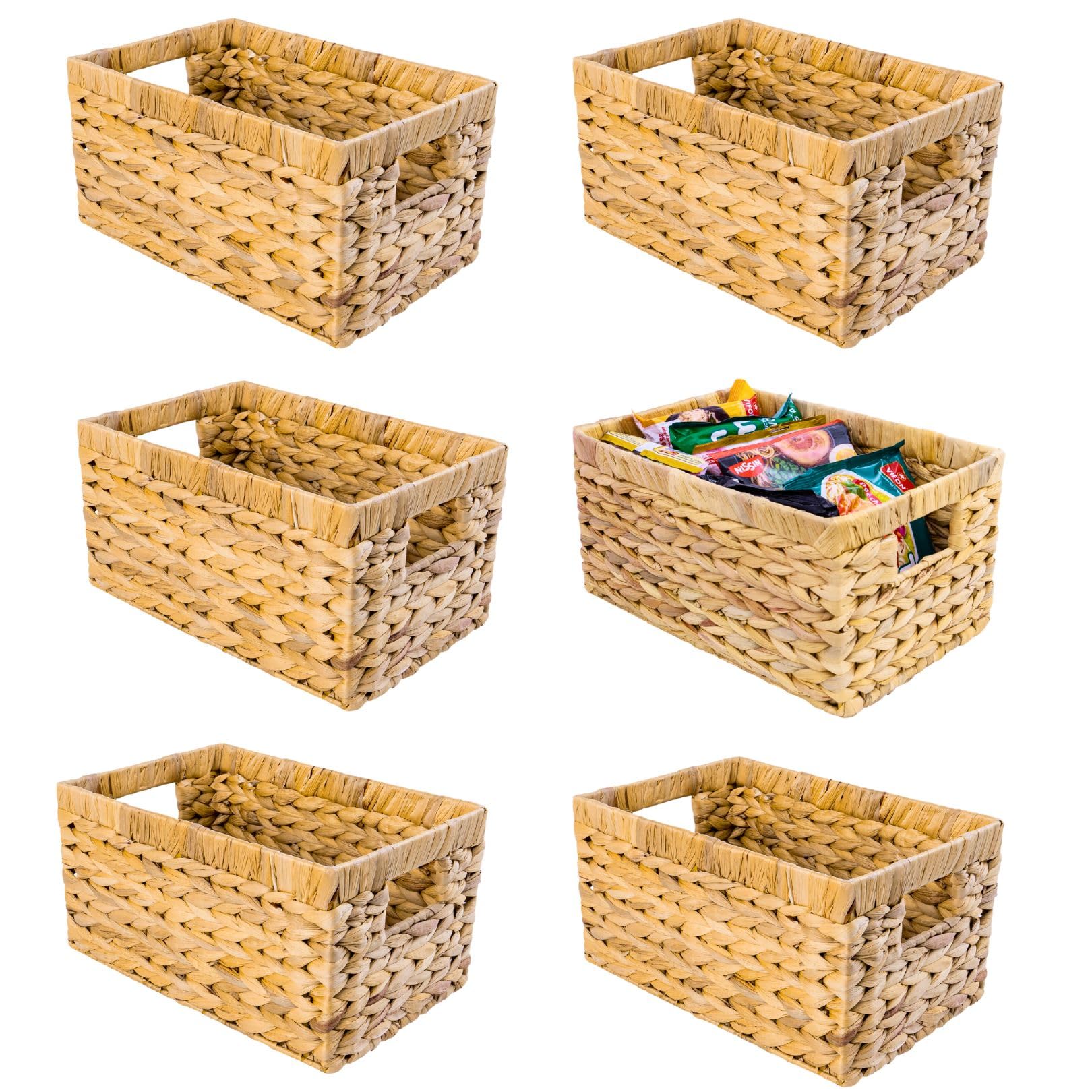 6-Pack Medium Woven Wicker Storage Baskets - Natural Water Hyacinth Storage Bins for Shelves, Home Organization, Laundry & Closet | Perfect for Farmhouse, Boho & Coastal Decor