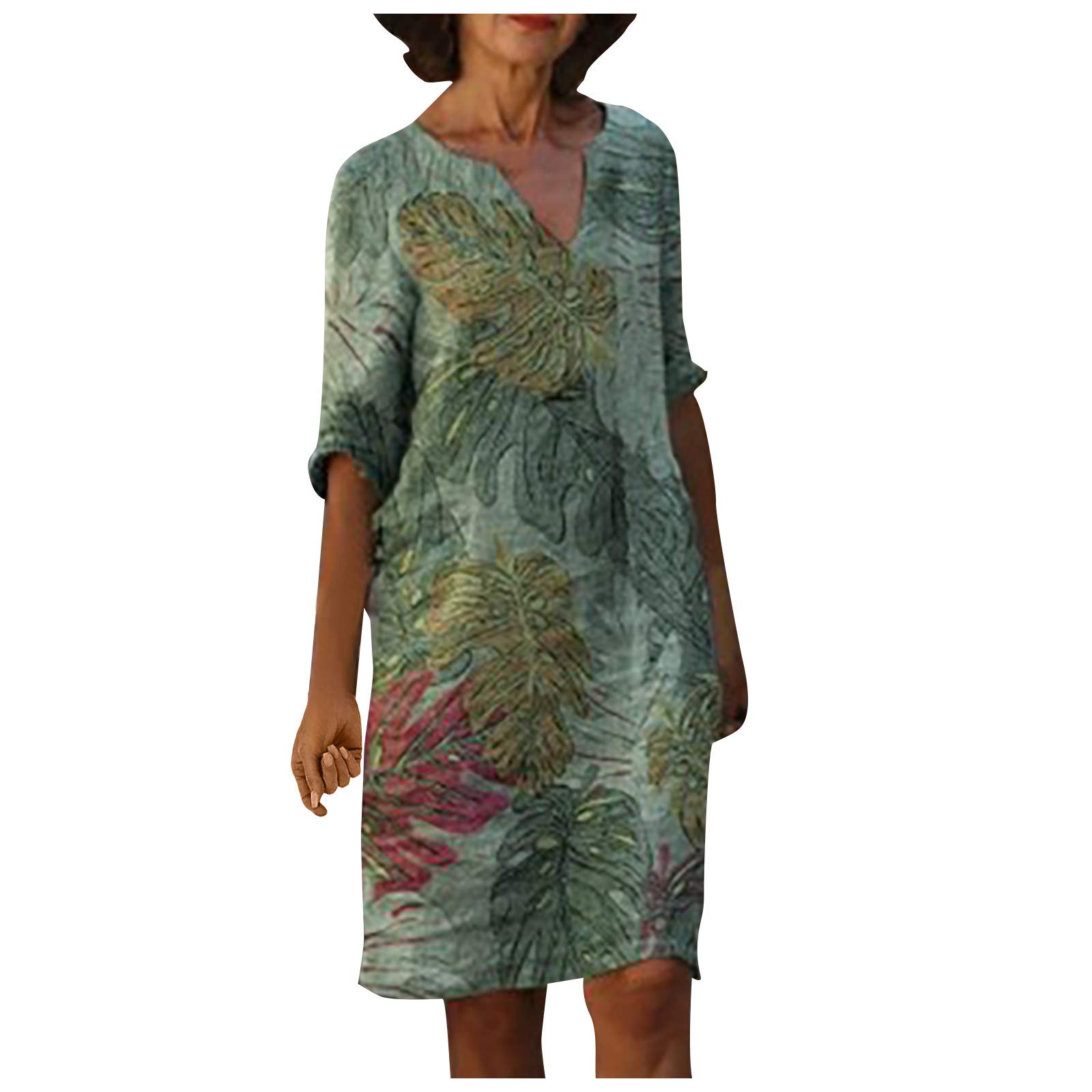 BBFairy Women's Summer Casual Dress Plus Size V-Neck Floral Print Short Sleeve Linen Sundress - Perfect for Beach Vacation, Garden Party & Everyday Wear
