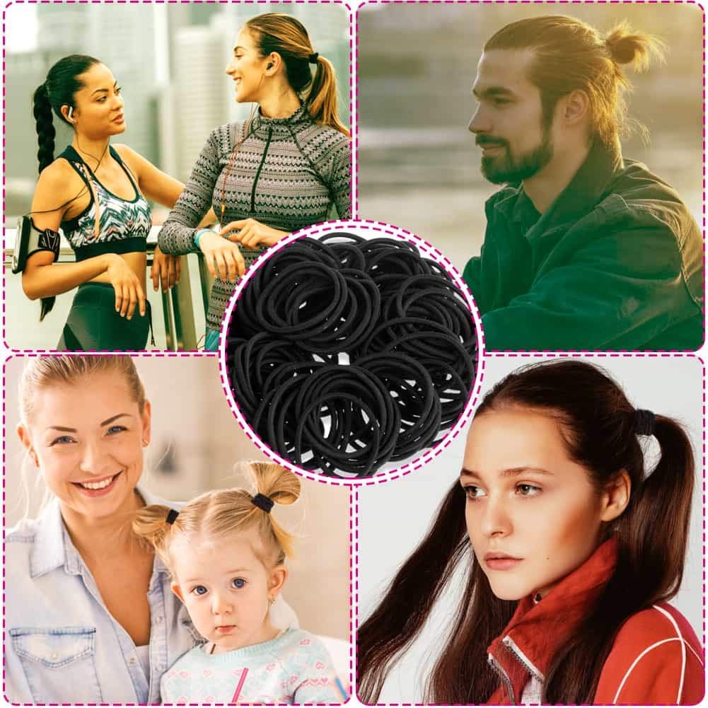 Rlanos Black Elastic Hair Bands - No Metal Ponytail Holders for Thick, Heavy & Curly Hair - Soft Stretch Hair Ties (Pack of 24) - Perfect for Workouts, Yoga, Sports & Everyday Hairstyles