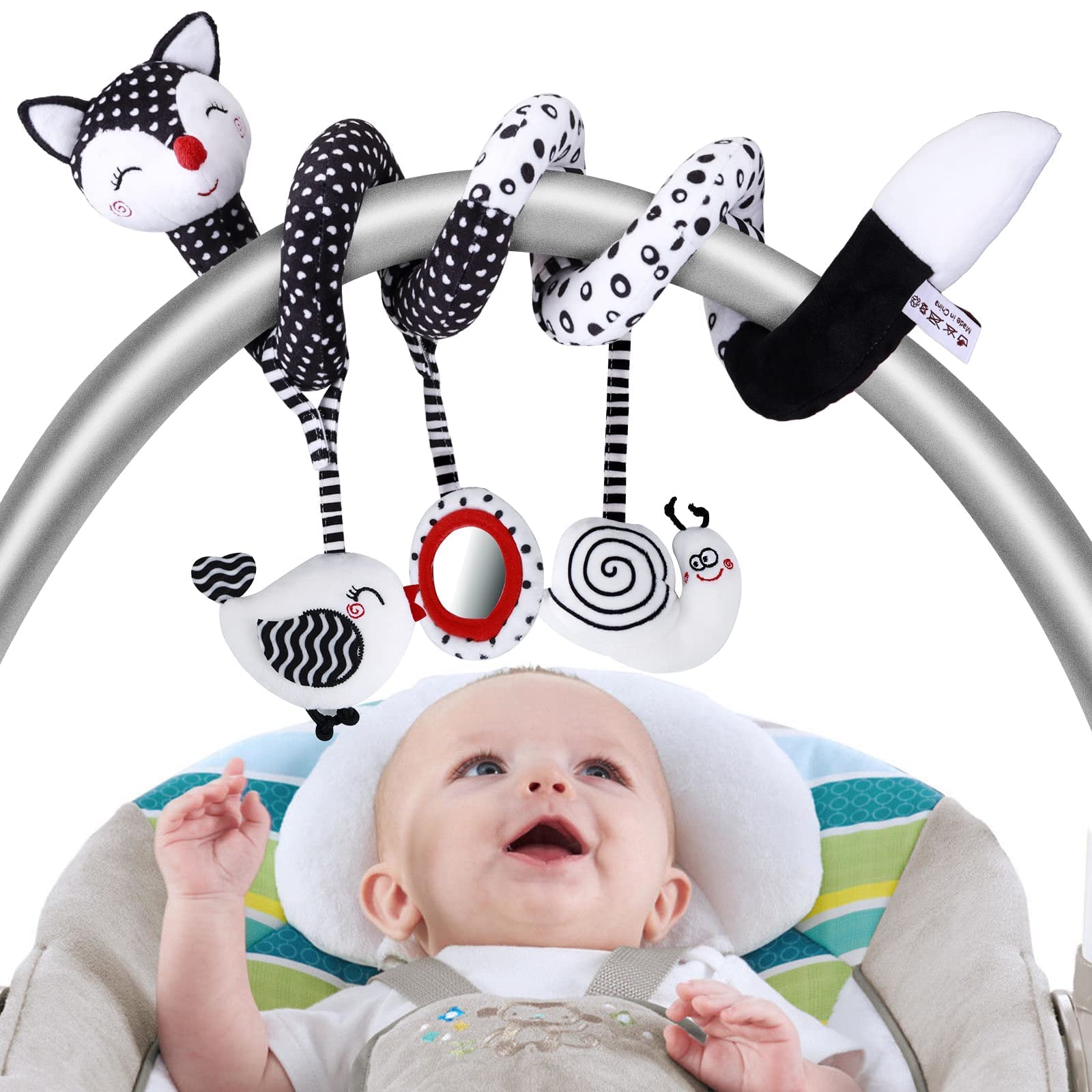 FPVERA Spiral Hanging Stroller Baby Toys - High Contrast Black & White Sensory Toy for Newborns | Musical Mobile Activity Wrap for Infant Car Seat & Crib | Perfect for Visual Stimulation & Early Development (Black Fox)