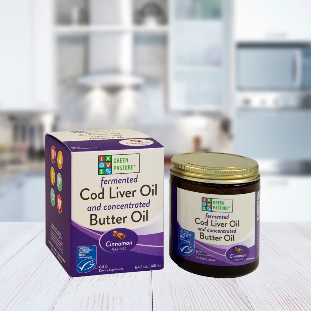 Green Pasture Butter Oil & Fermented Cod Liver Oil Blend Gel - 6.4 oz Cinnamon Flavor | Immune Support & Brain Health Supplement | Perfect for Smoothies, Baking & Daily Wellness