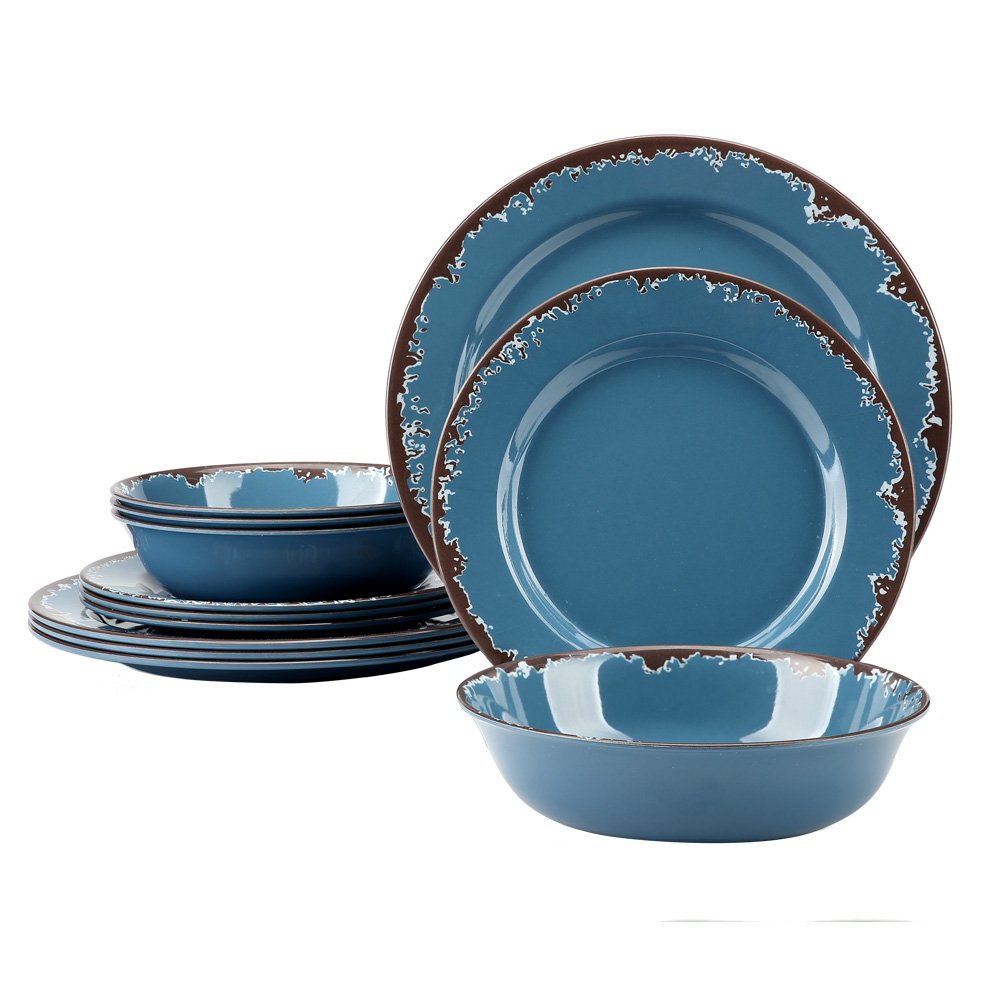 **Yinshine 12-Piece Melamine Dinnerware Set – Durable, Unbreakable Plates & Bowls in Blue – Lightweight for Outdoor Dining, Picnics & Camping**