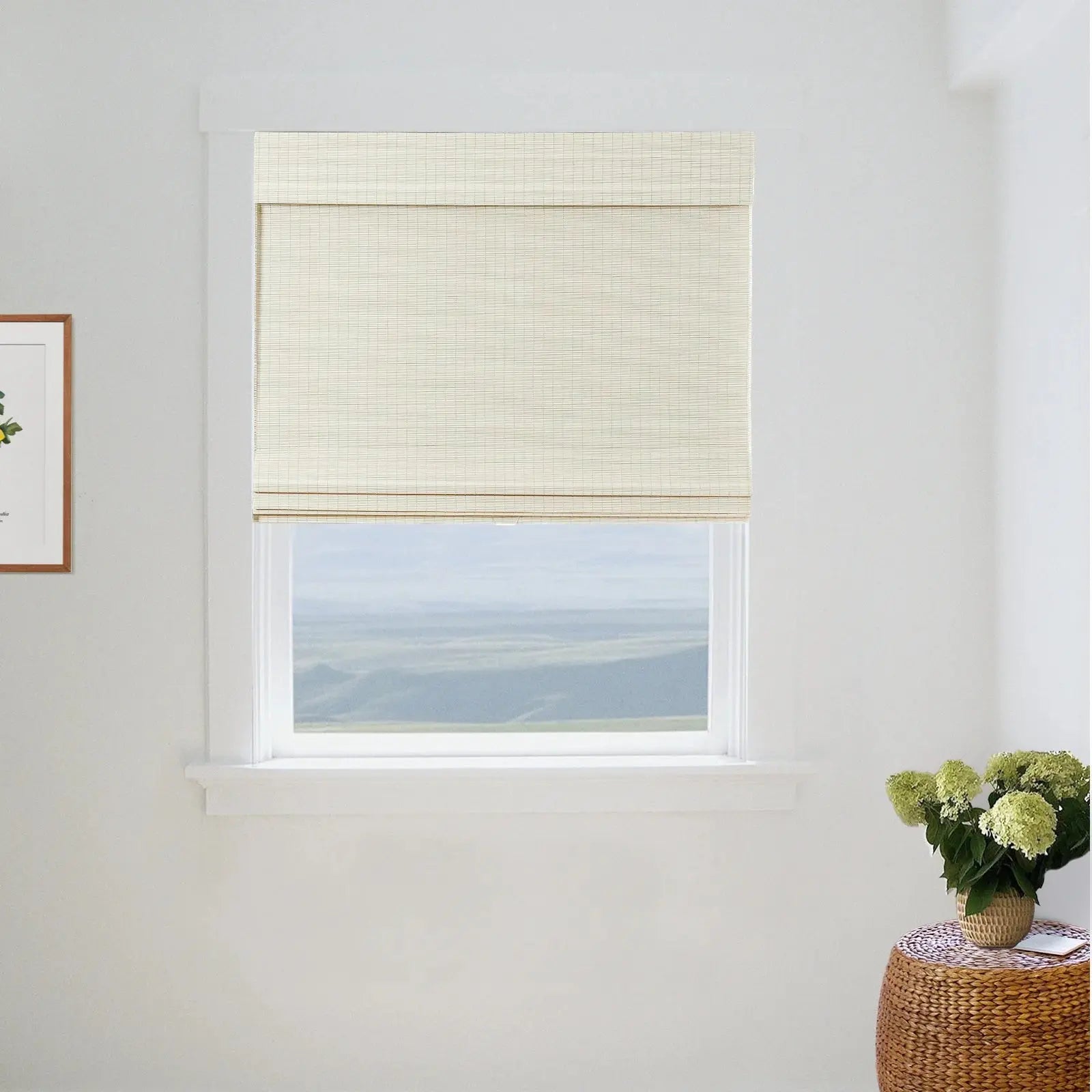 Sybil Bamboo Roman Shade - Ivory White Window Treatment for Living Room & Bedroom | Natural Light Filtering & Privacy