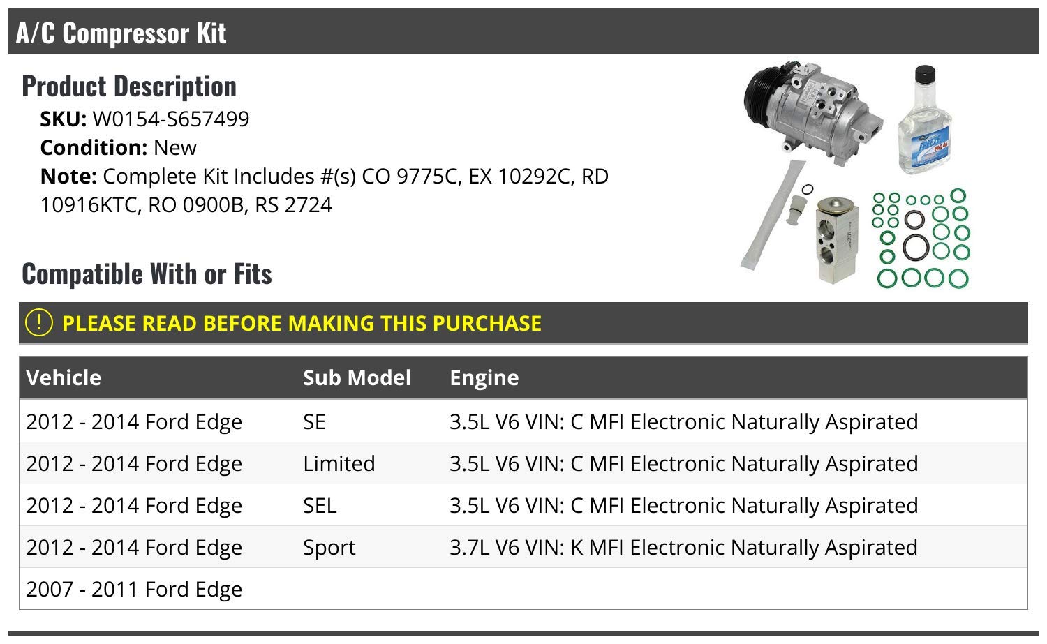 AC Compressor Kit for 2007-2014 Ford Edge - Replacement Car Air Conditioning Compressor with Clutch & Coil - Perfect for AC Repair & Summer Cooling