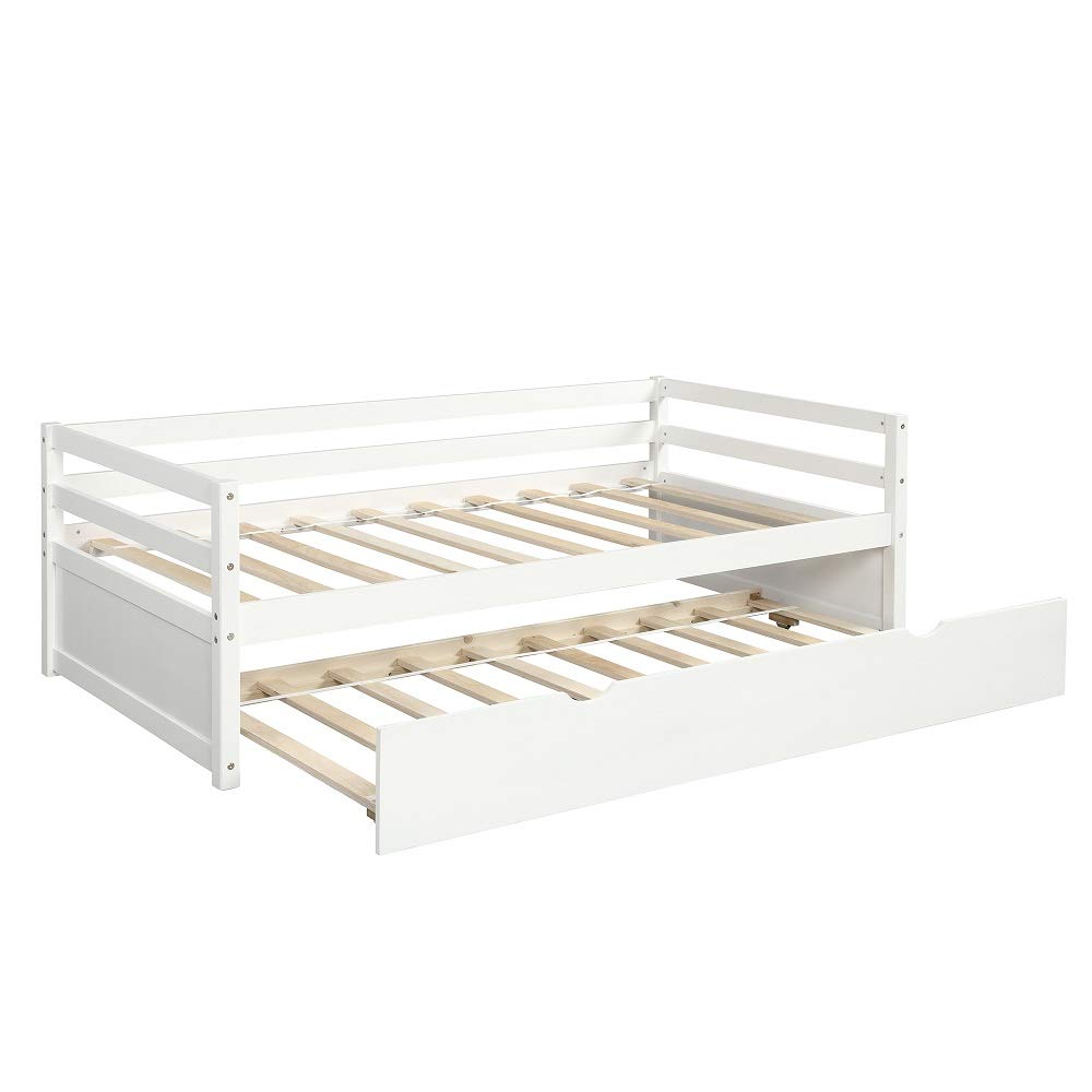 Rhomtree Twin Size Daybed with Trundle - Solid Wood Platform Bed Frame, Convertible Futon Sofa Bed for Guest Room, Dorm & Small Spaces (White) | Perfect for Sleepovers, Studio Apartments & Multi-Purpose Furniture
