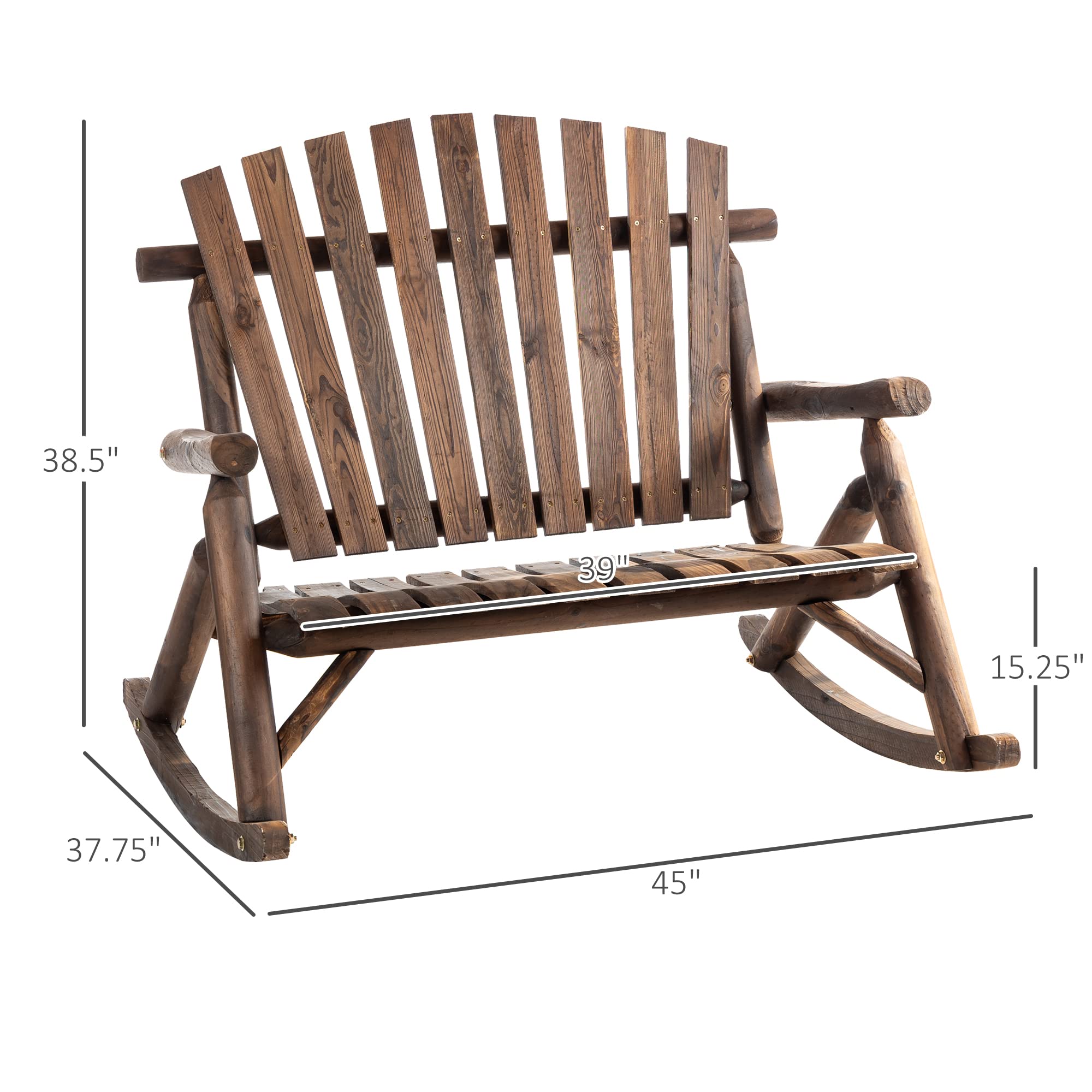 Outsunny Double-Person Outdoor Wooden Rocking Chair - Rustic High Back Adirondack Patio Chair with Slatted Seat & Backrest - Perfect for Backyard, Garden, Porch & Indoor Relaxation - Carbonized Finish for Durability