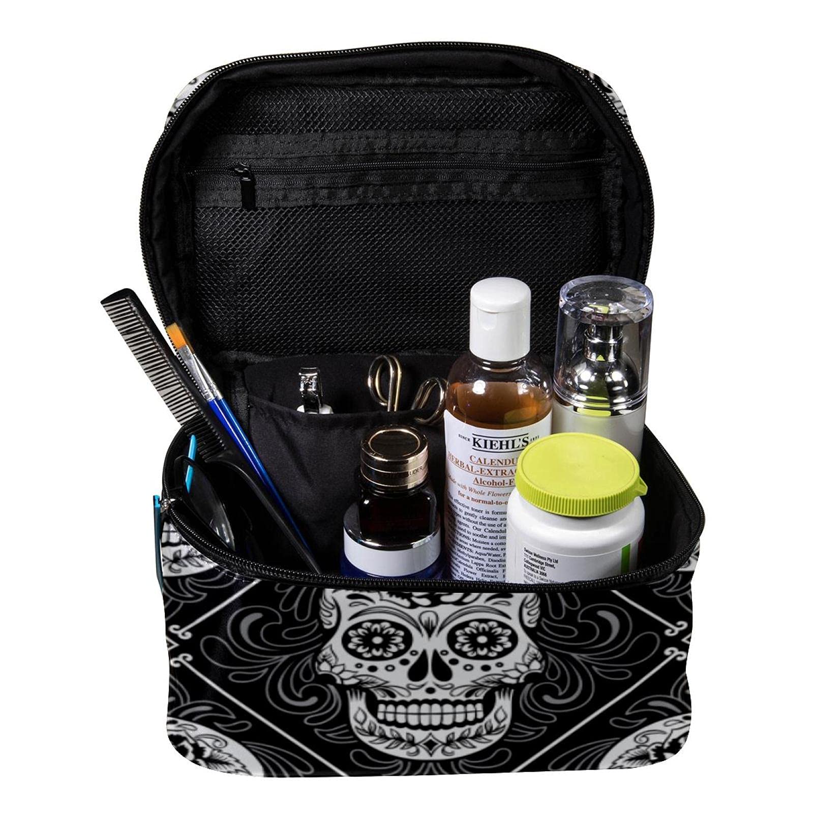 Day of The Dead Floral Pattern Large Travel Makeup Bag - Waterproof Cosmetic Organizer with Zipper for Women & Girls - Perfect for Vacation, Gym, and Daily Essentials Storage