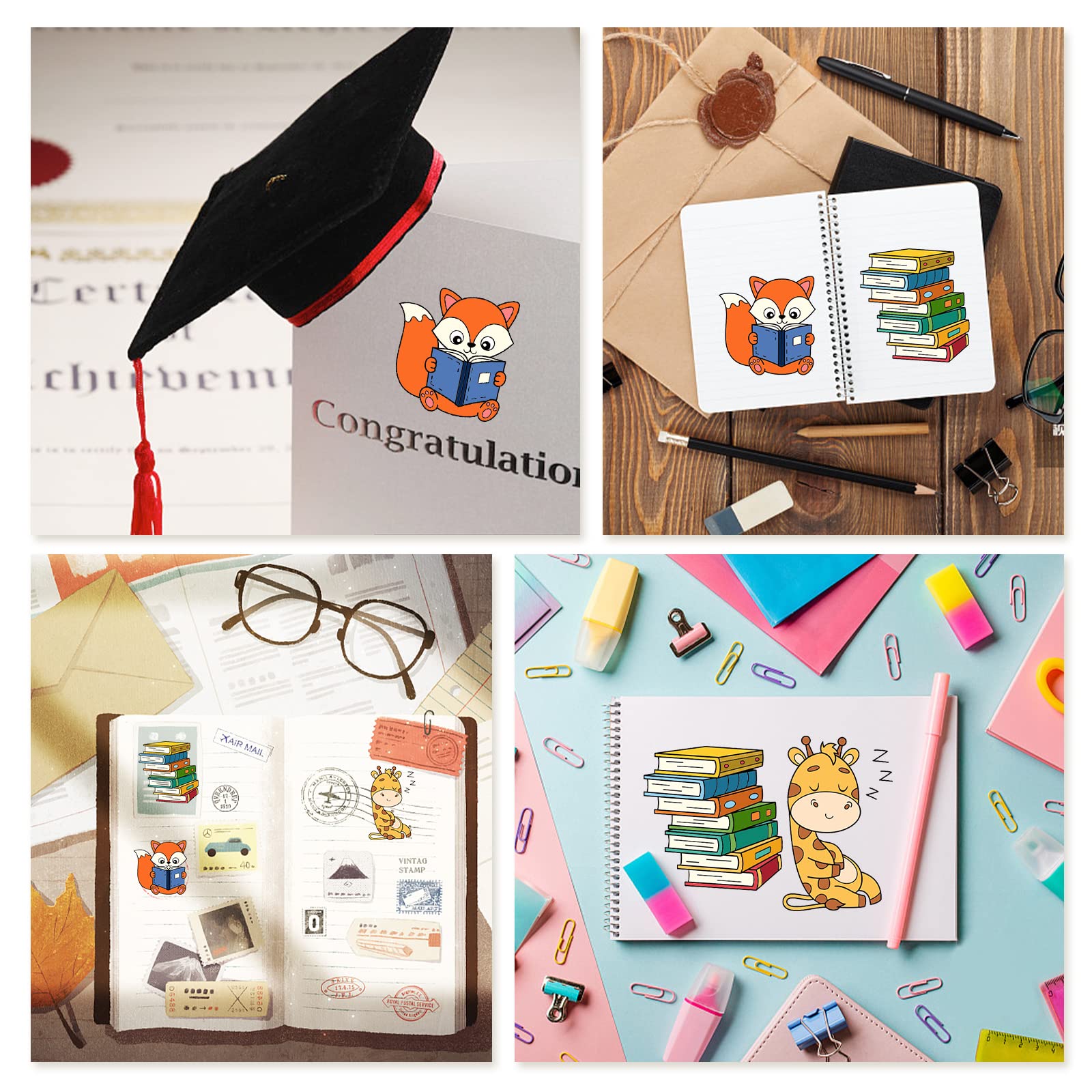 PH PandaHall Animal Study Pattern Clear Stamps - Giraffe, Cat, Fox, Mouse, Books, Globe & Clock Transparent Rubber Stamps for Scrapbooking, Card Making, Photo Albums & DIY Crafting - Perfect for Classroom Projects, Memory Books & Handmade Greeting Cards