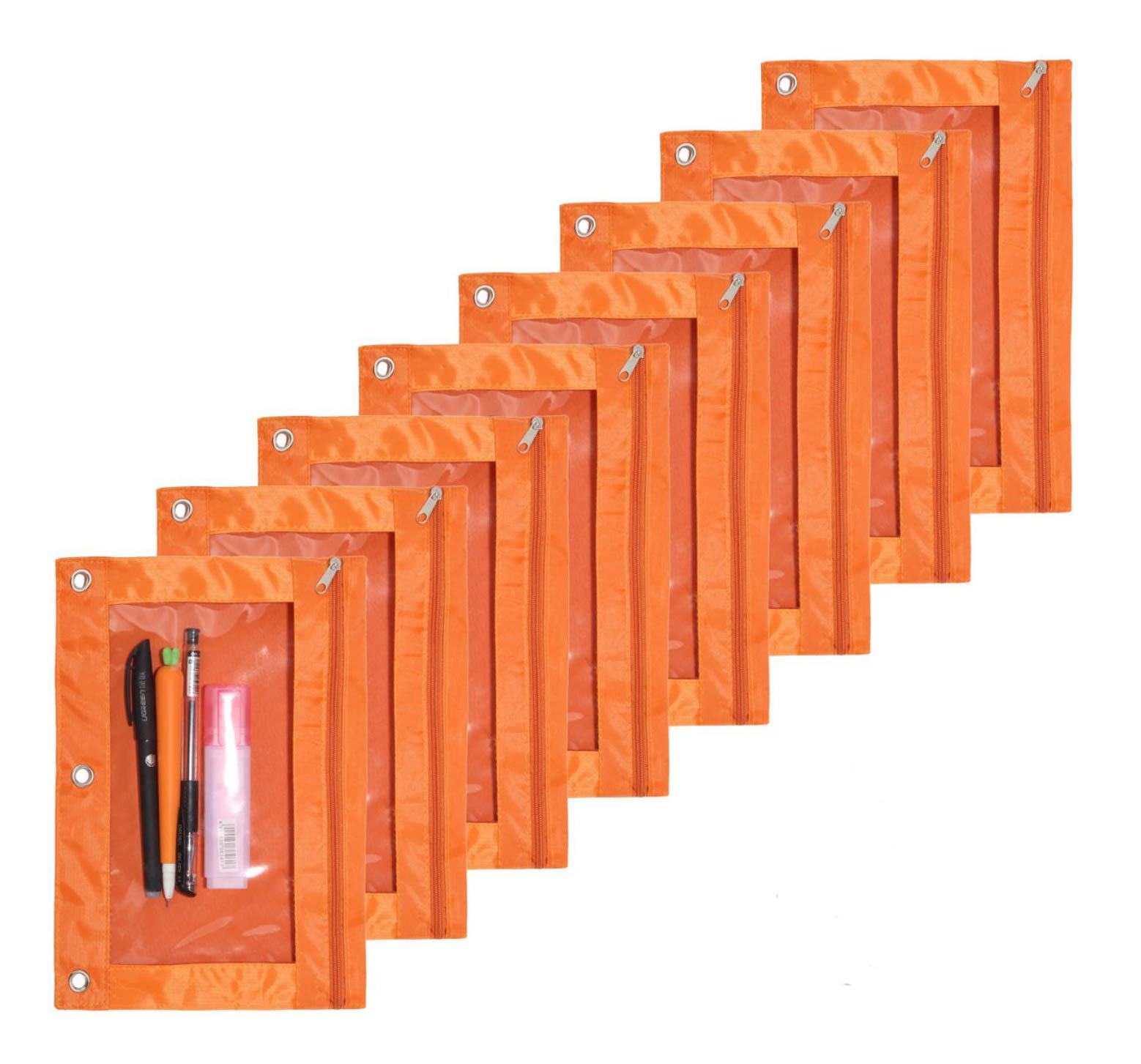 8-Pack Orange Zippered 3-Ring Binder Pouch with Clear Window - School & Office Supplies for Classroom Organization, Homework, and Stationery Storage