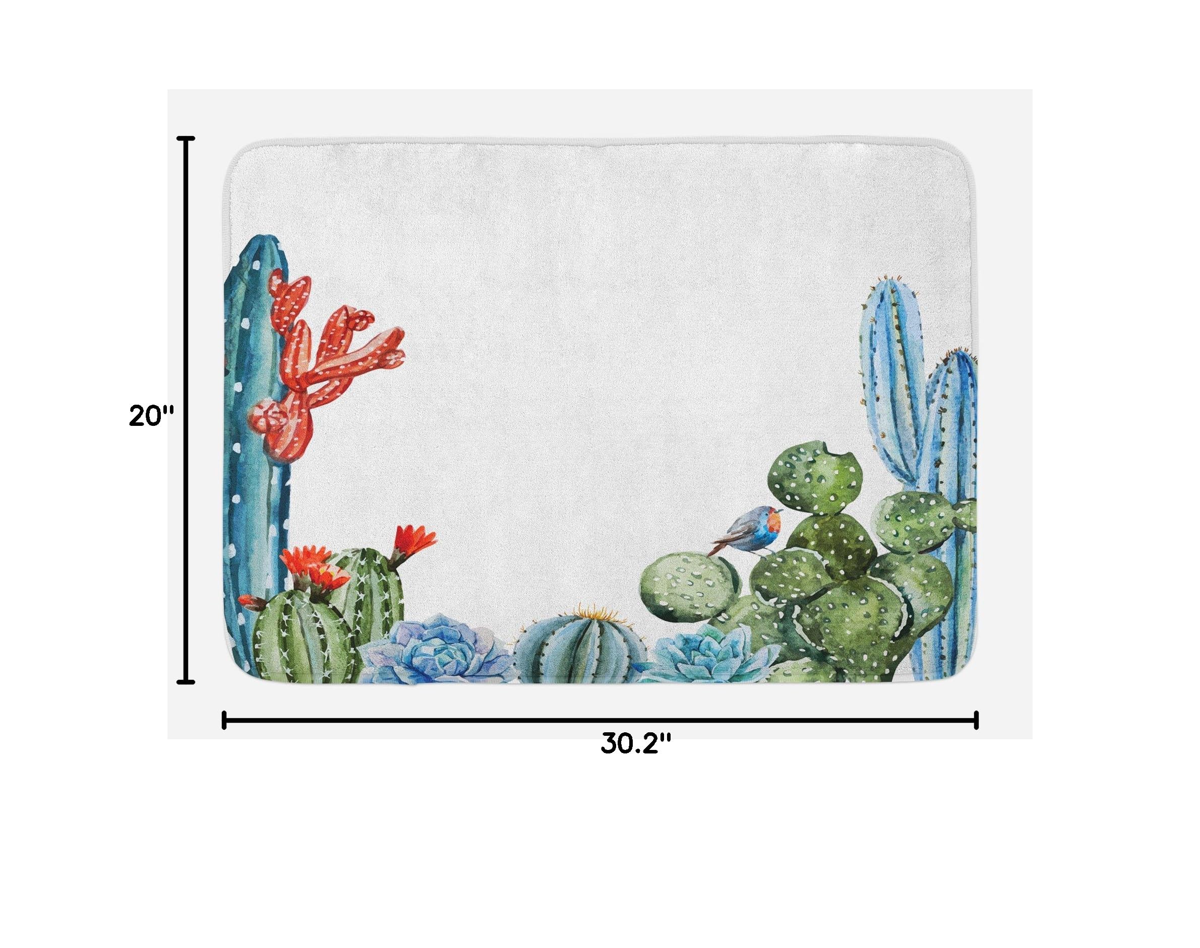Ambesonne Non-Slip Plush Bath Mat - Vintage Cactus Cartoon Design with Flowers & Birds, 30.2
