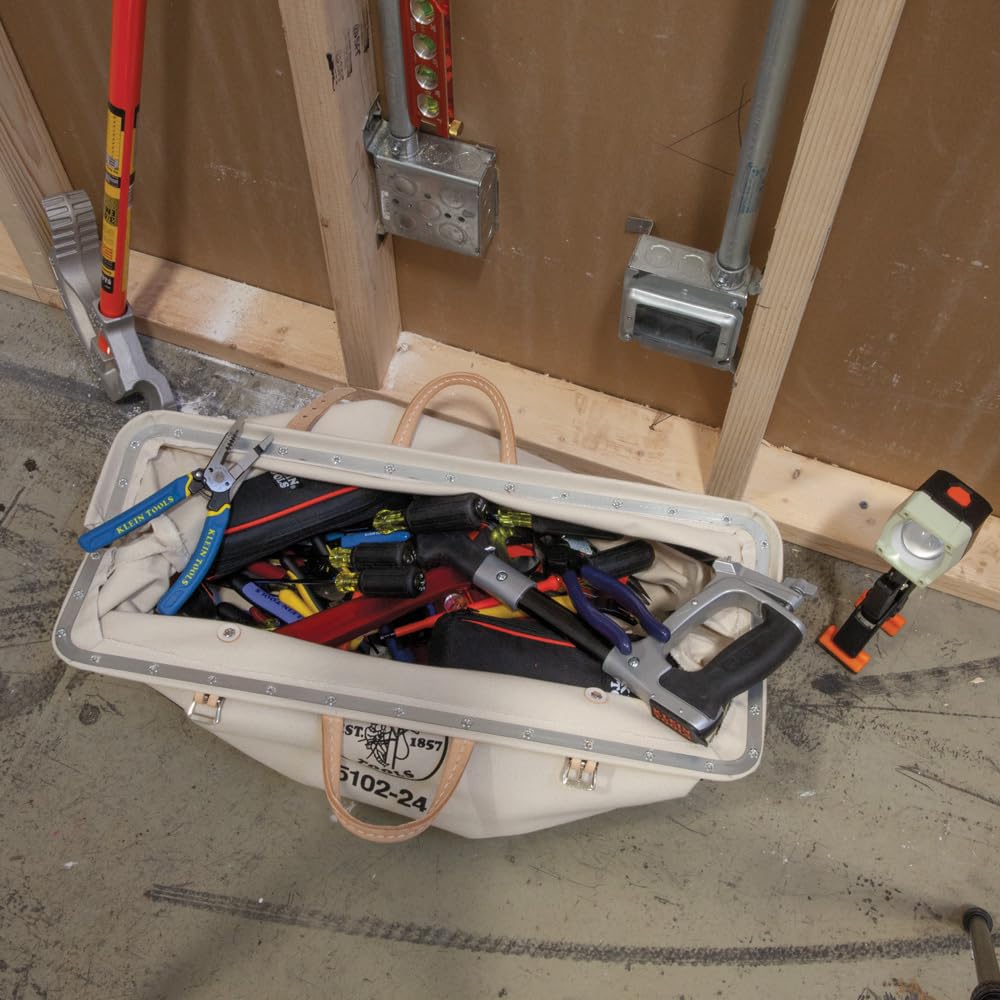 Klein Tools 5102-24 Heavy Duty Canvas Tool Bag - 24-Inch Professional Tool Tote with Wide Hinged Opening & Leather Handles - Ideal for Electricians, Contractors & DIY Projects