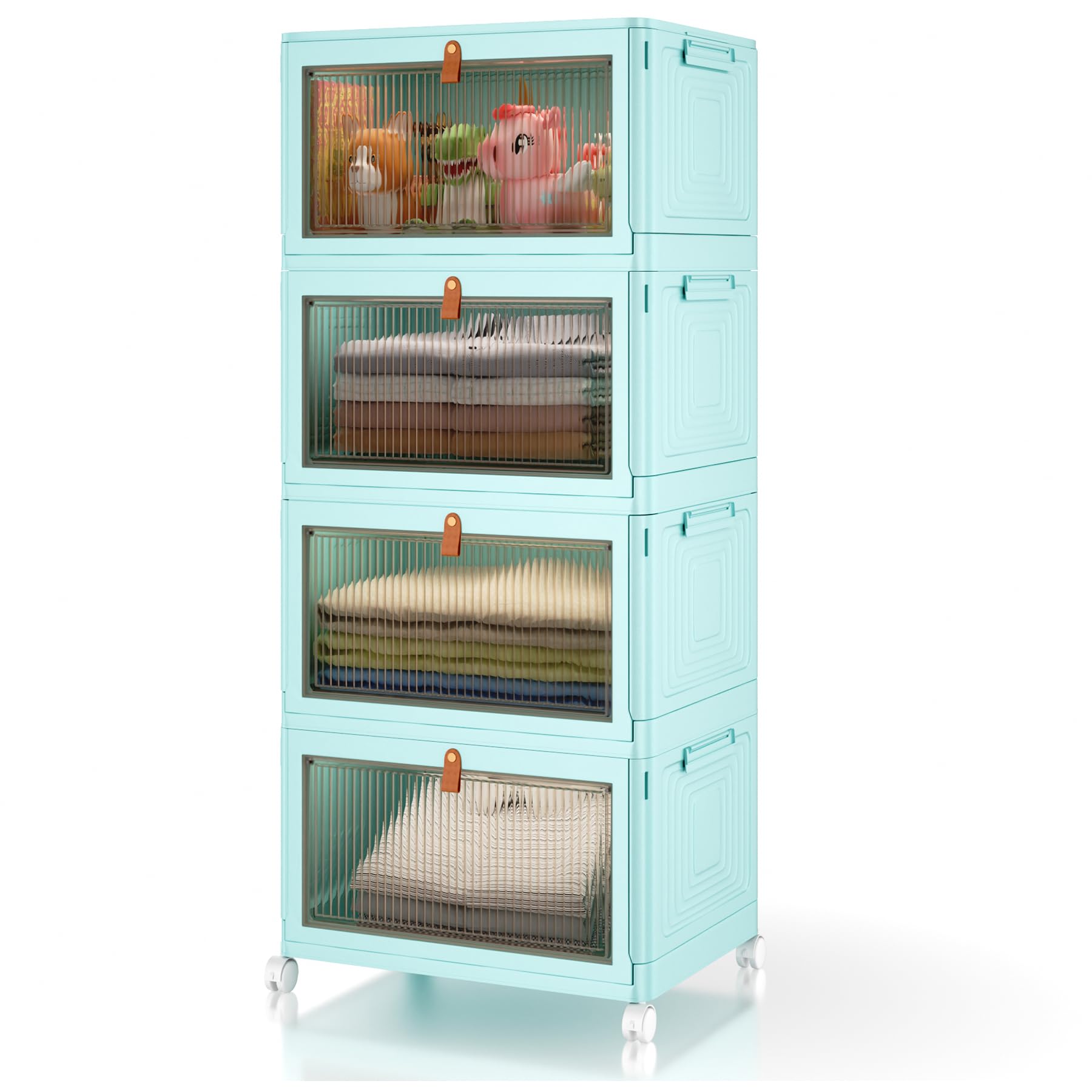 4-Tier Stackable Plastic Storage Bins with Lids & Wheels - 23 QT Foldable Organizing Containers for Closet, Pantry, Craft Room, Dorm & Home - Space-Saving Storage Solution for Clothes, Toys, Office Supplies & Seasonal Items