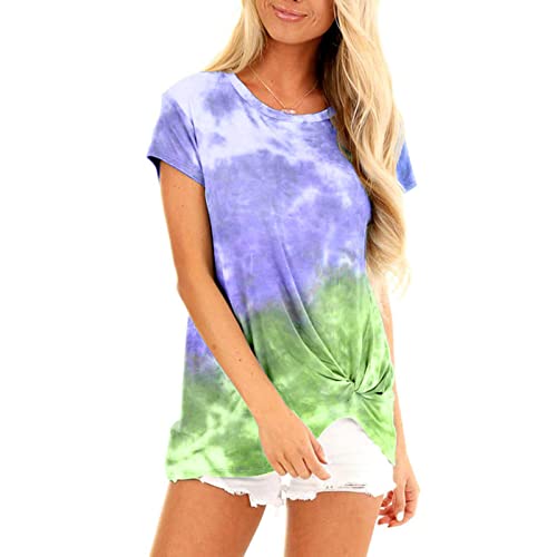Women's Summer Short Sleeve T-Shirt - Front Twist Knot Ombre Crewneck Casual Top | Loose Fit Fashion Tee for Going Out, Beach, Travel & Everyday Wear