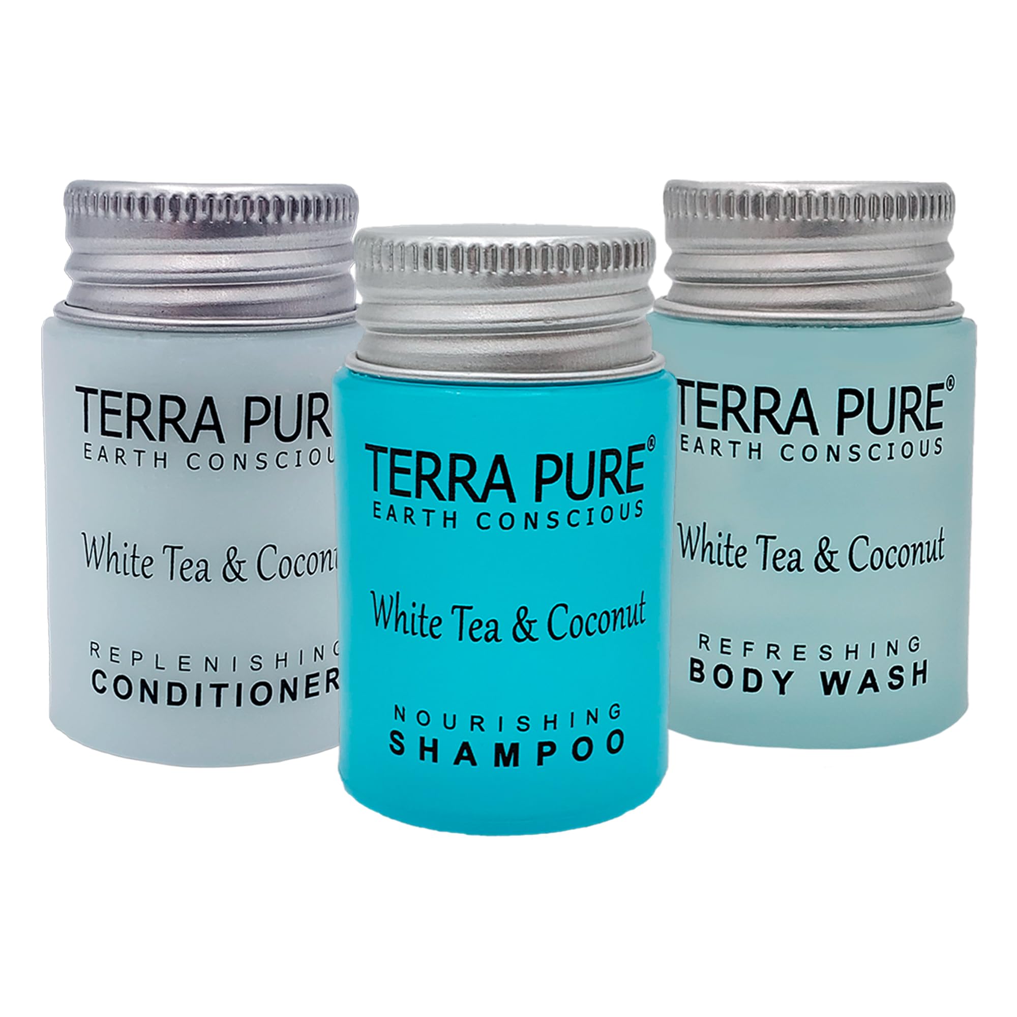 Terra Pure White Tea & Coconut Shampoo, Conditioner & Body Wash Travel Size Set - 1 oz Each (Pack of 100) | Hotel Amenities, Travel Toiletries, Gym Essentials & Vacation Must-Haves