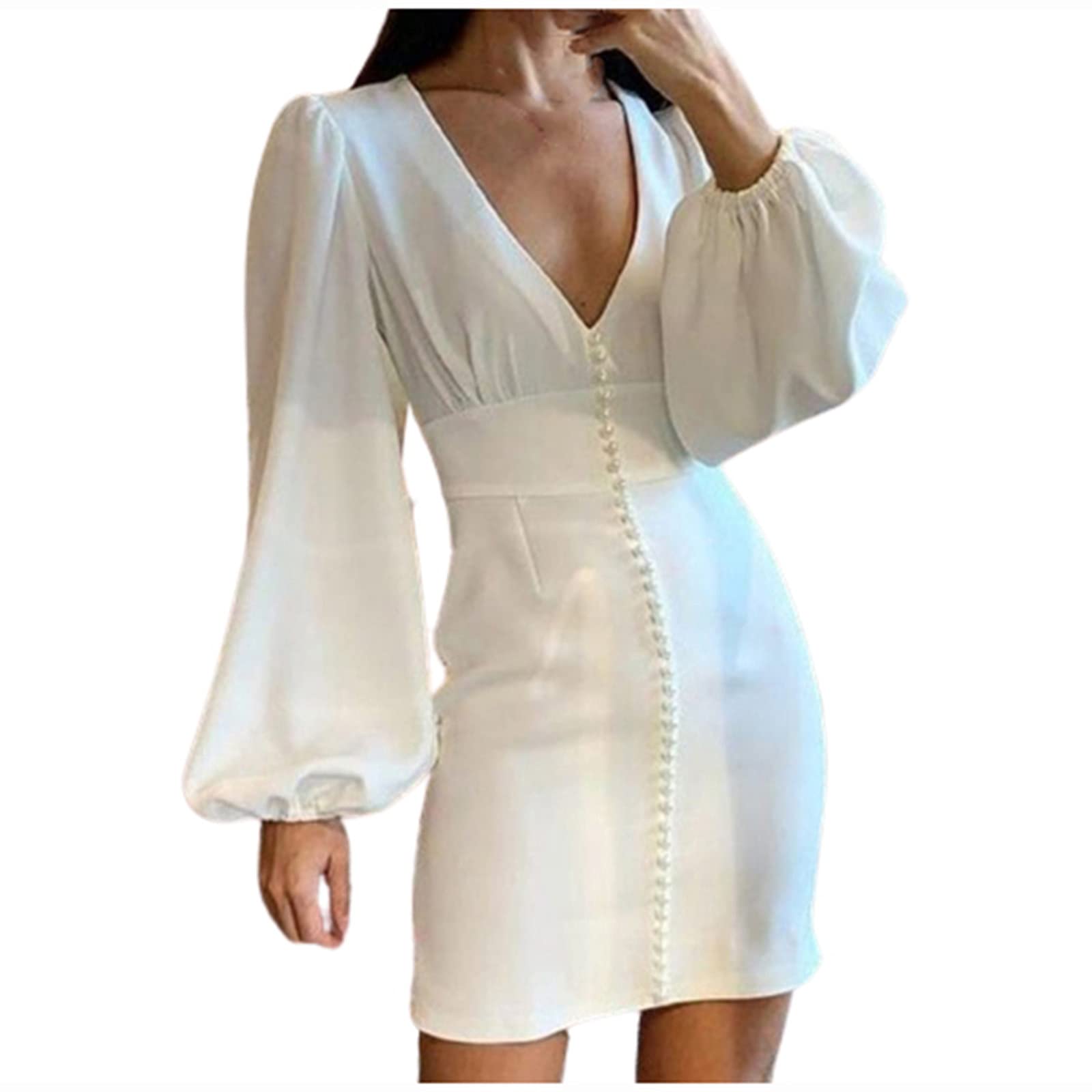 Howley Women's Solid Color V-Neck White Mini Dress - Casual Party Long Sleeve Puff Sleeve Slim Fit Dress for Work, Date Night & Special Occasions