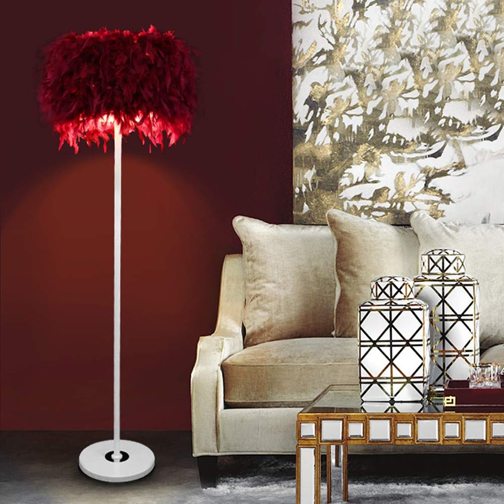 LAKIQ Modern Standing Floor Lamp with Feather Drum Shade - Plug-in Adjustable Floor Light for Living Room, Bedroom, Office - Warm White Reading Light for Home Decor & Cozy Ambience