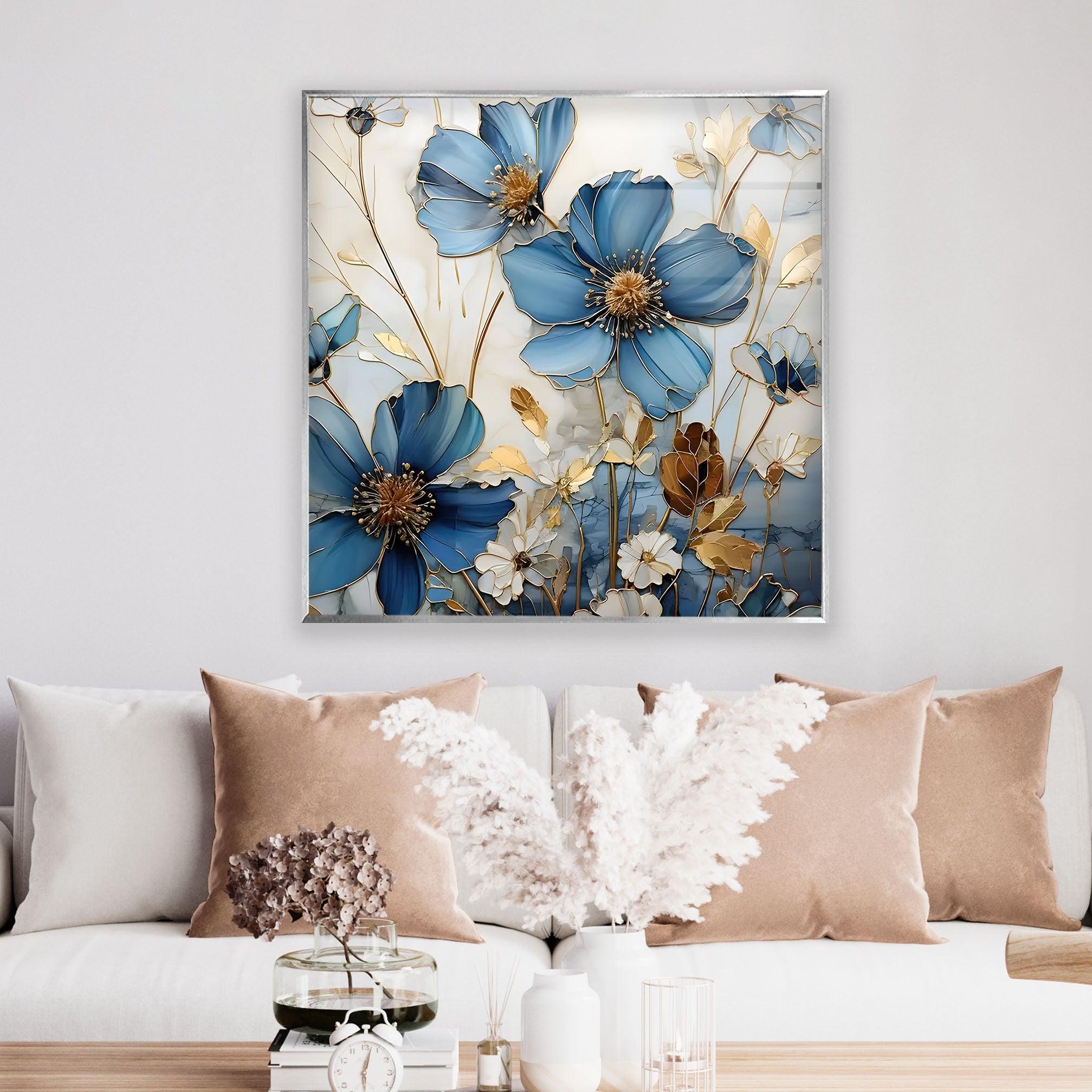 Blue and White Botanical Glass Wall Art - Handmade Floral Decor for Living Room, Bedroom, or Office - Perfect for Home and Office Decorations