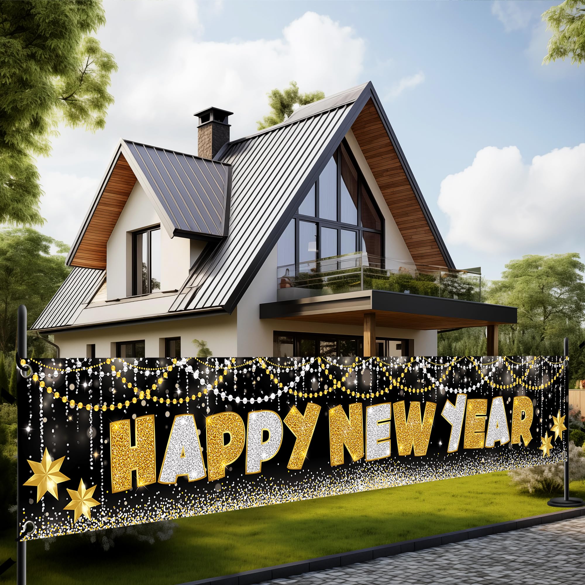 KatchOn 2025 Happy New Year Banner - Extra Large 120x20 Inch NYE Yard Sign | Outdoor & Indoor New Year's Eve Party Decorations 2025 | Durable Vinyl New Years Banner for Backyard, Front Lawn & NYE Party Supplies | Perfect for Home, Office & Holiday Celebrations