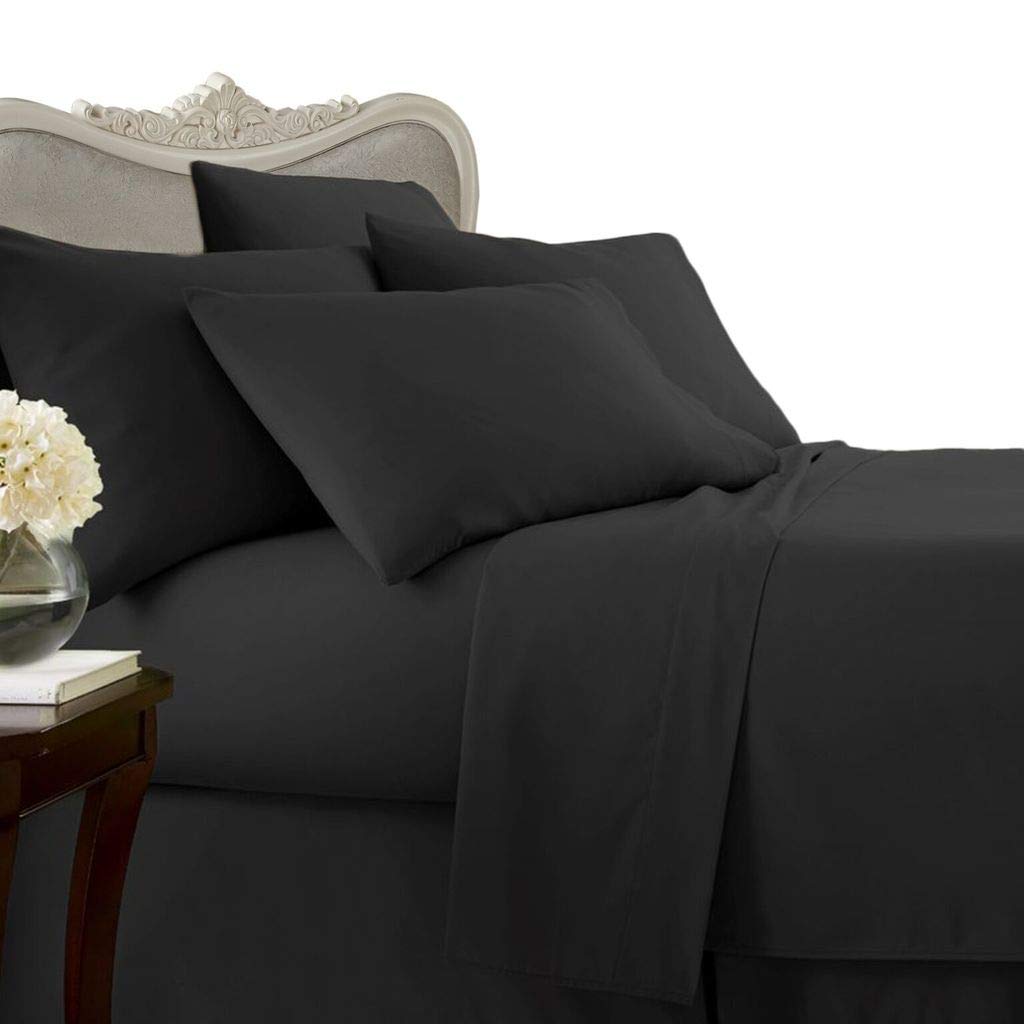 7-Piece Italian 1500 Thread Count Egyptian Cotton Bedding Set - Full Size Sheet Set & Duvet Cover in Premium Black Solid with Italian Finish | Luxury Hotel-Style Bedroom Decor for Master Bedroom & Guest Room