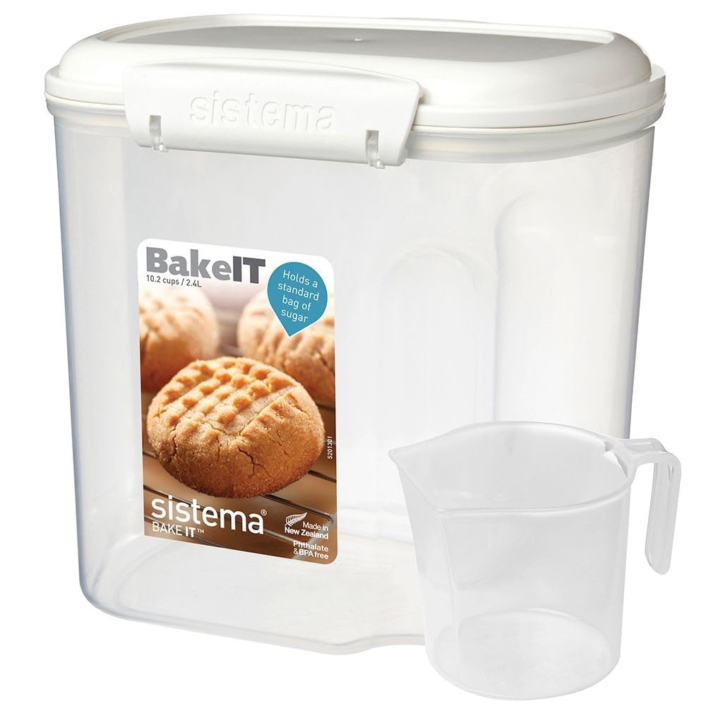 Sistema Klip It Flour and Sugar Storage Containers - 10.2 Cup Airtight Food Storage with Lids & Measuring Cup - BPA Free, Dishwasher Safe Kitchen Organization for Pantry, Baking Supplies, Coffee, Rice & Dry Goods (White) - Perfect for Home Baking, Meal Prep & Kitchen Storage