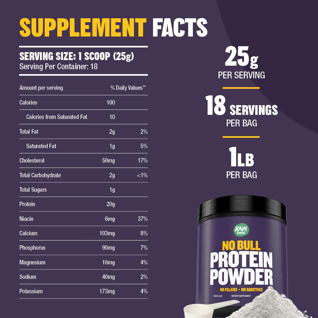 1lb No Bull Unflavored Whey Protein Powder - Pure Instantized Whey Supplement | High Protein, Low Carb, No Fillers or Additives | Perfect for Post-Workout Recovery & Meal Replacement