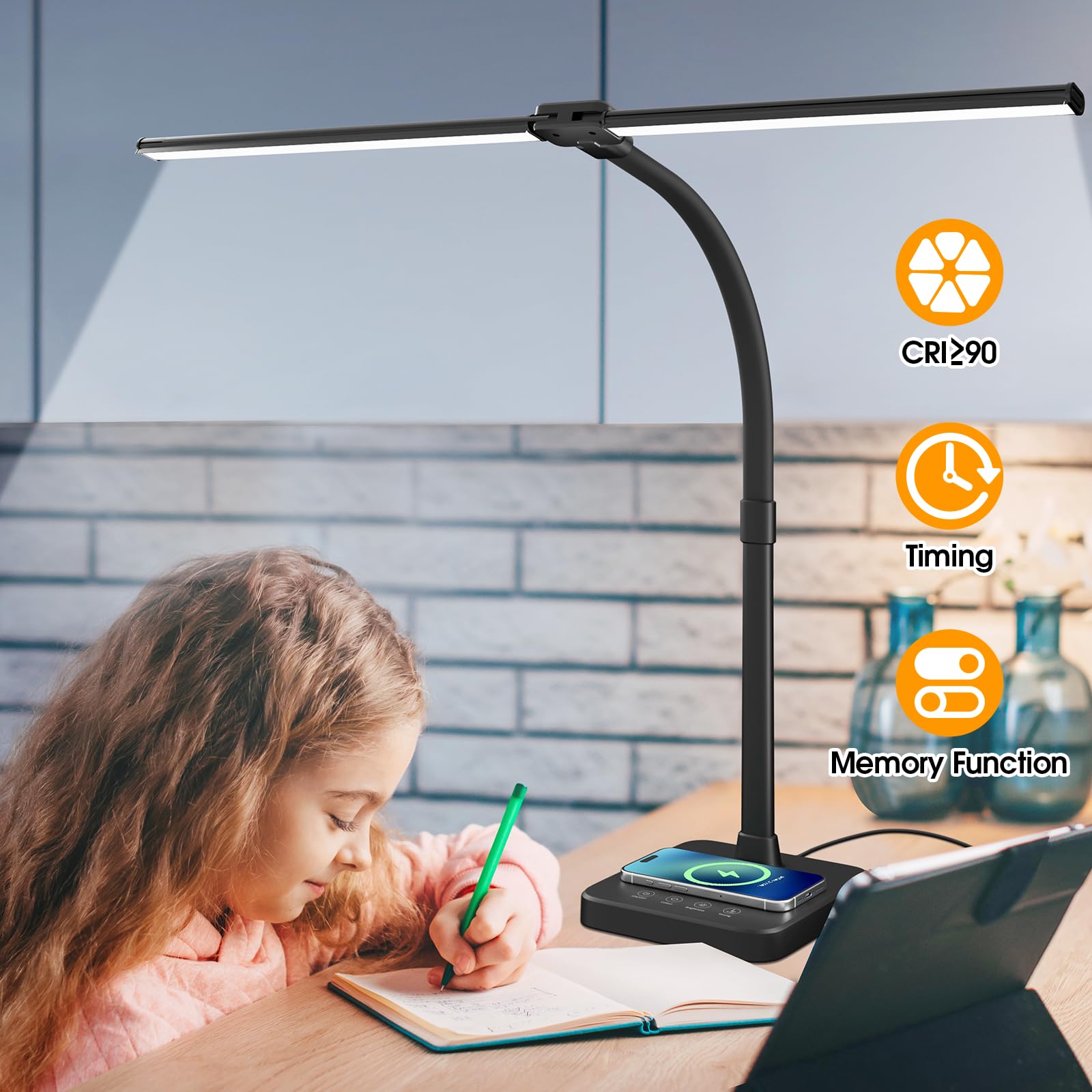 ShineTech 24W LED Desk Lamp with Wireless Charging & USB Port - Adjustable Gooseneck Dual Head Office Light, 25 Lighting Modes for Home, Study, Reading & Workstation (Black) | Perfect for Night Work, Gaming Setup & Dorm Room Lighting