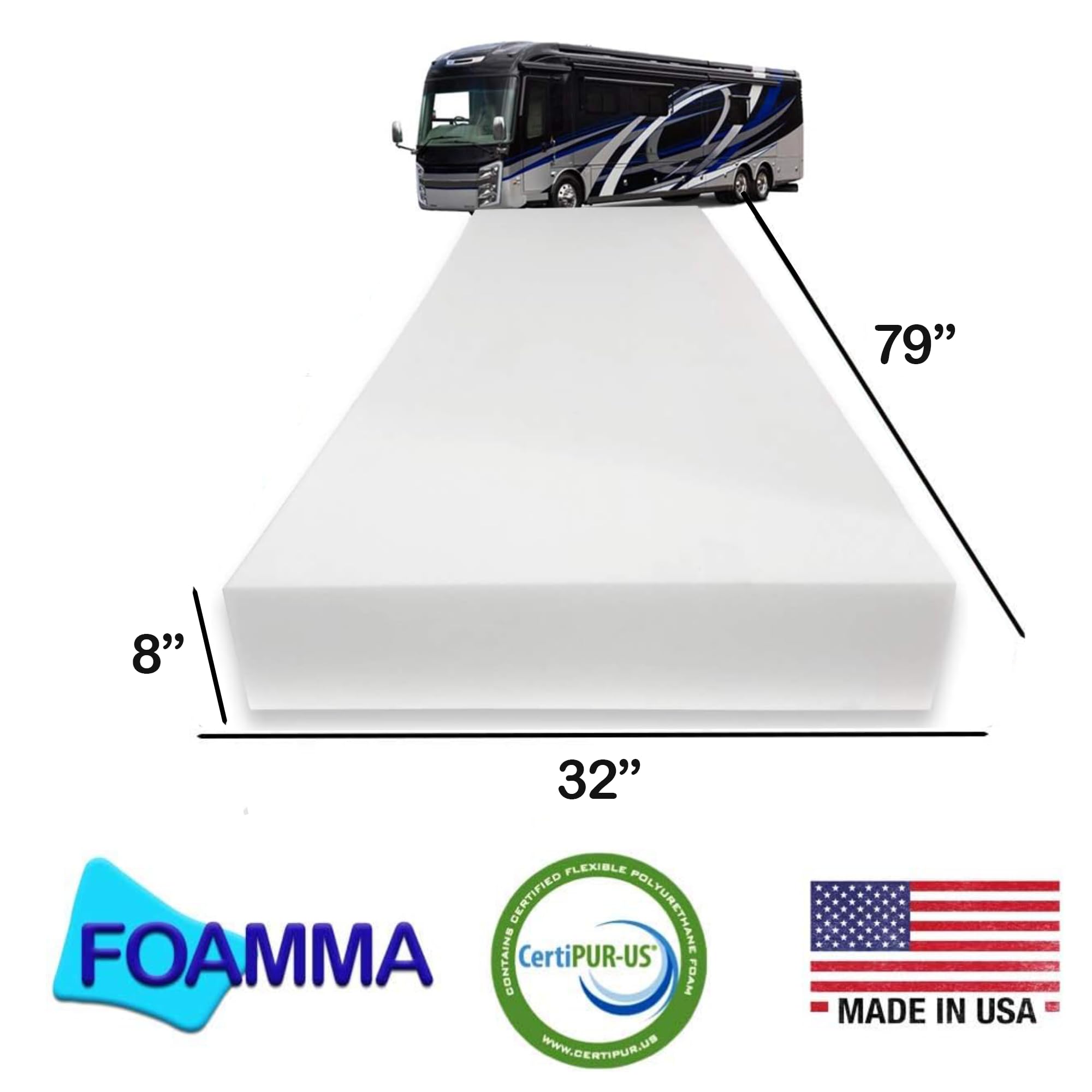Foamma 8” x 30” x 80” High-Density RV Bunk Mattress Foam Replacement - CertiPUR-US Certified, Made in USA - Comfortable Camper & Travel Trailer Bed Foam for Better Sleep - Perfect for Road Trips, Camping Adventures & RV Living