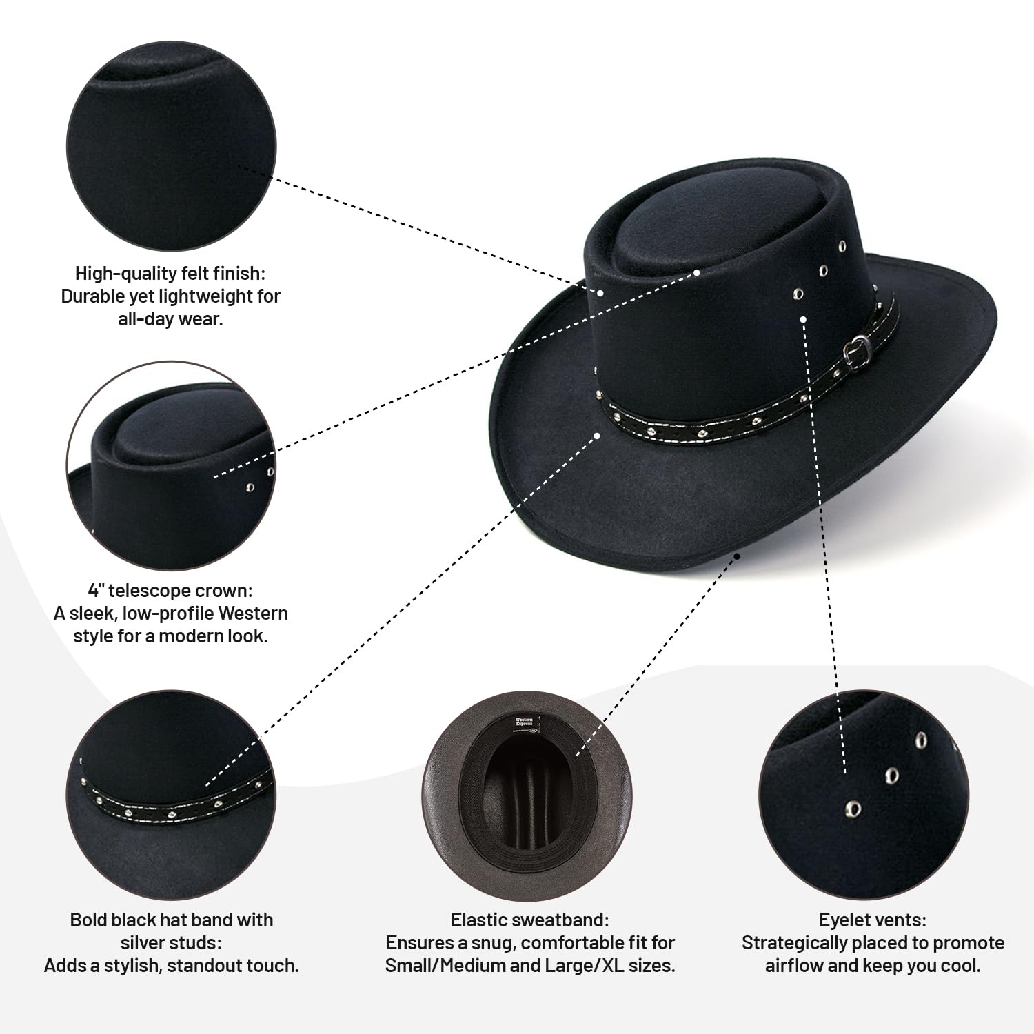 Premium Felt Western Gambler Hat with Telescope Crown & Silver Studded Band - Stylish Cowboy Hat for Men & Women | Perfect for Rodeo, Country Music Festivals & Western Fashion