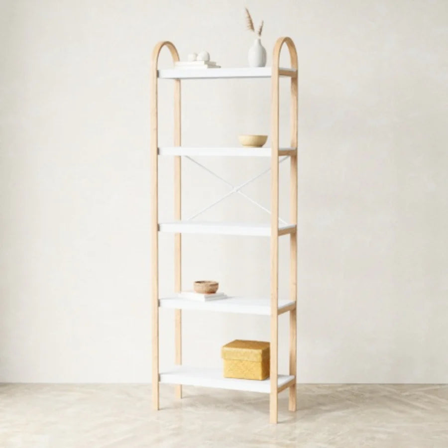 Bellwood 5-Tier Freestanding Shelf - White/Natural Wood - Perfect for Living Room, Bedroom, or Office Storage & Organization