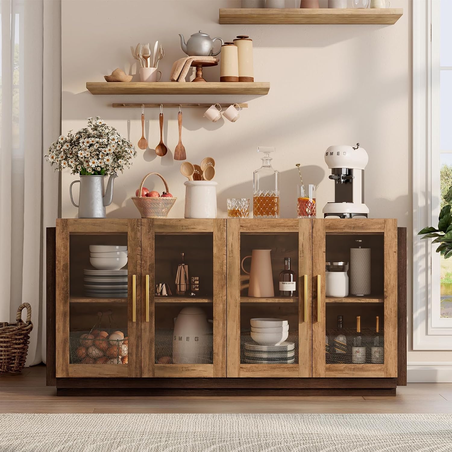 AMERLIFE Modern Sideboard Buffet Cabinet with LED Lights & Glass Doors - Adjustable Shelf Storage Console Table for Dining & Living Room - Barnwood & Brown Accent Furniture (Perfect for Home Decor, Entertaining & Displaying Collectibles)
